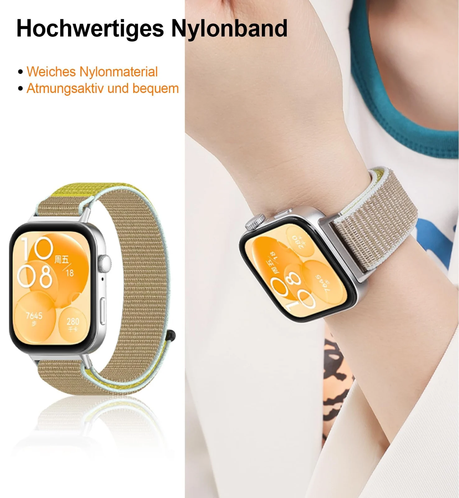 DL3 MOBILAK Elastic Nylon Watch Strap for Huawei Watch Fit 3 / Fit 4 / Fit 4 Pro / Fit 5 / Fit 5 Pro, Beige*Yellow