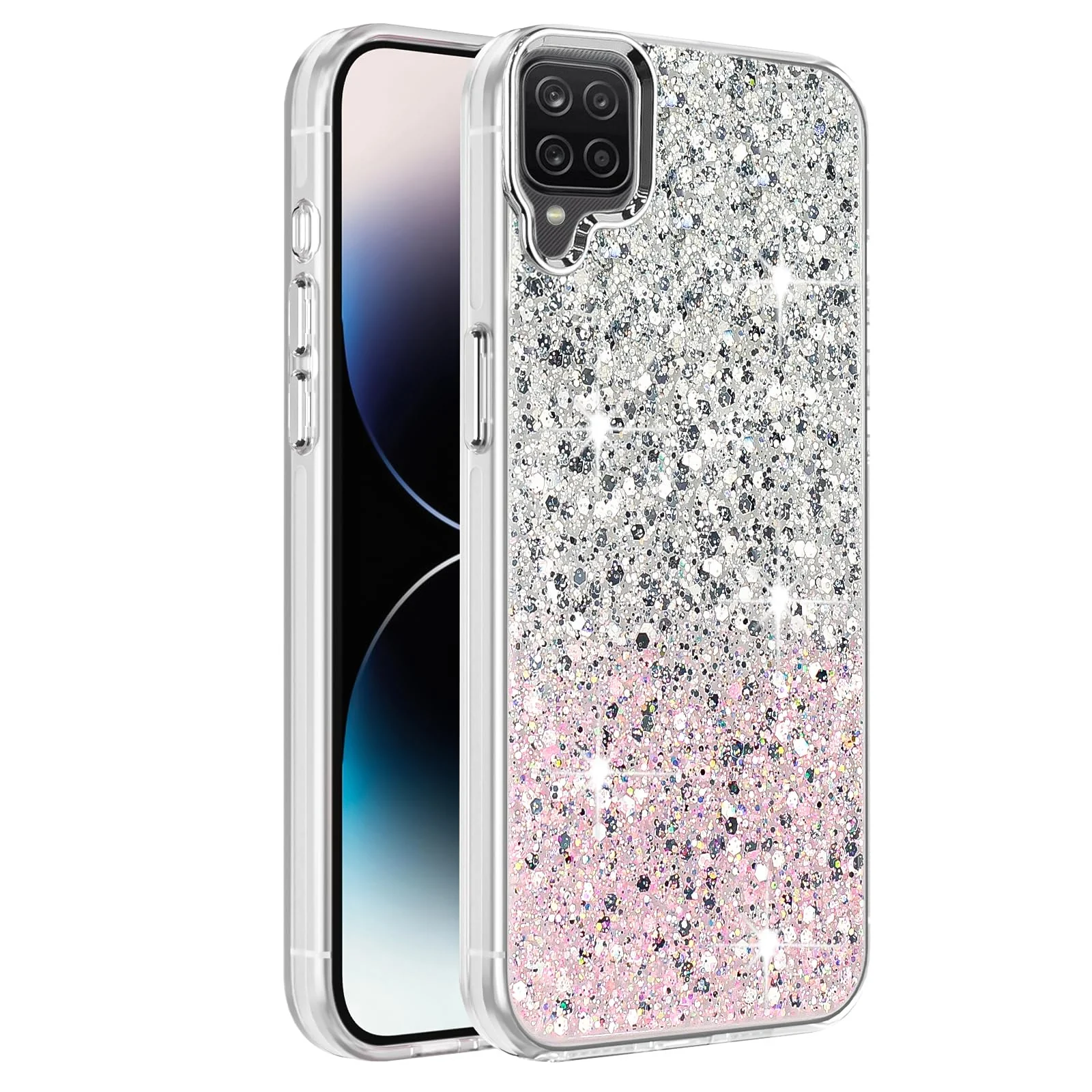 DL3 Mobilak Compatible with Samsung Galaxy A12 / M12 Case, Clear Glitter Bling Sparkly, Soft TPU Frame Bumper, Hard-Back Cover for Women & Girls, Transparent Protective Phone Case - White Pink