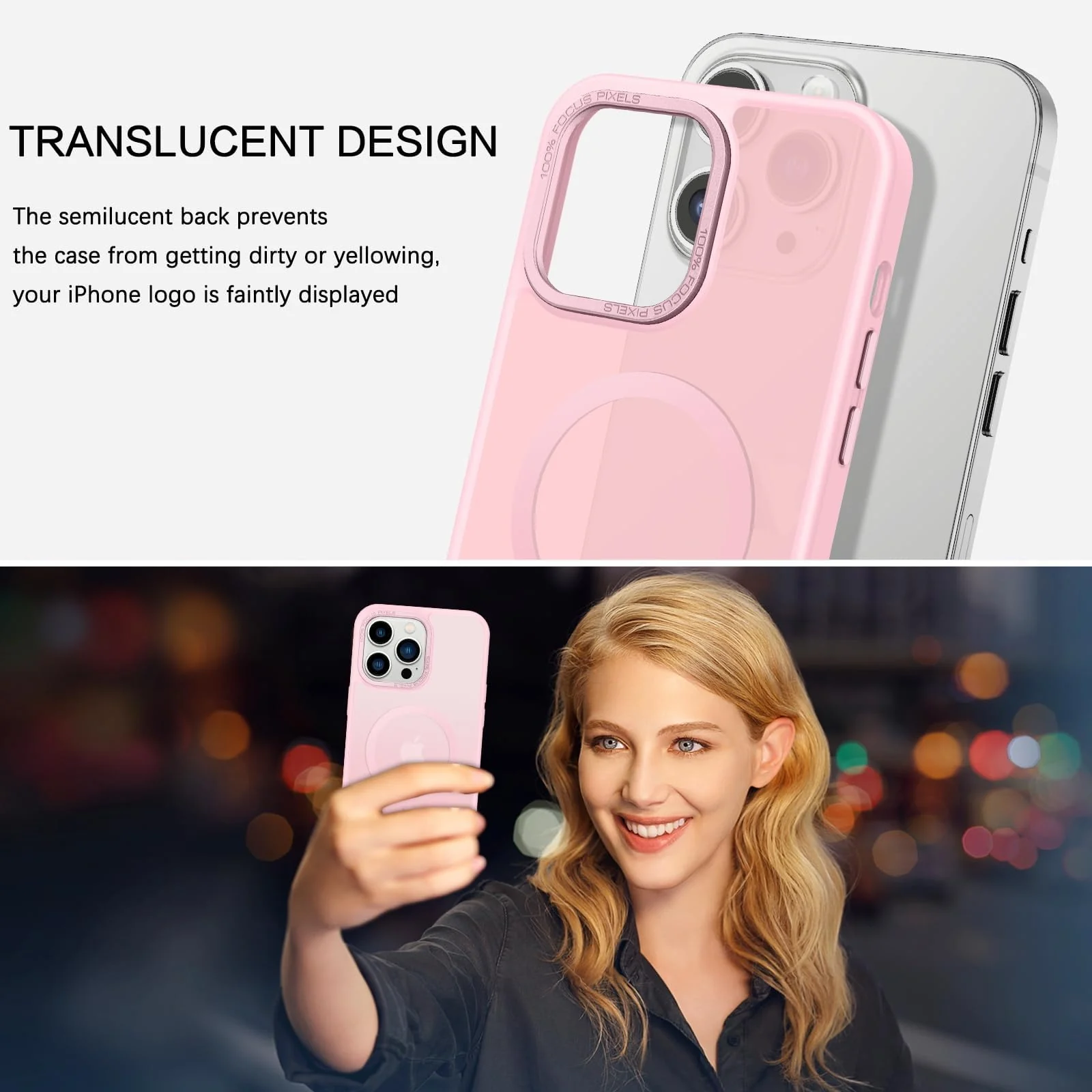 DL3 Mobilak Translucent Matte Case for iPhone 14 Pro Max 6.7-inch, Compatible with MagSafe accessories, Supports wireless charging, Built-in magnetic car-mount support - Pink