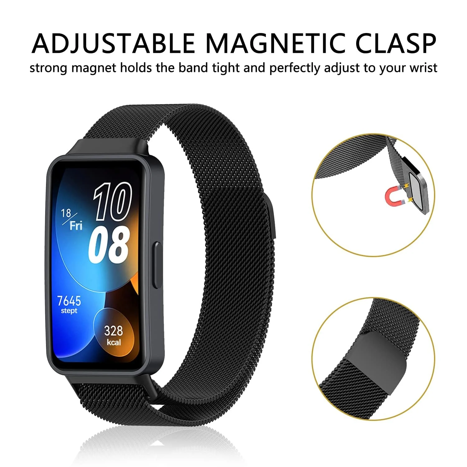 DL3 Mobilak Replacement Band for Huawei Band 8 Replacement Strap Magnetic Metal Stainless Steel Replacement Strap for Men and Women Huawei Band 8 - Black