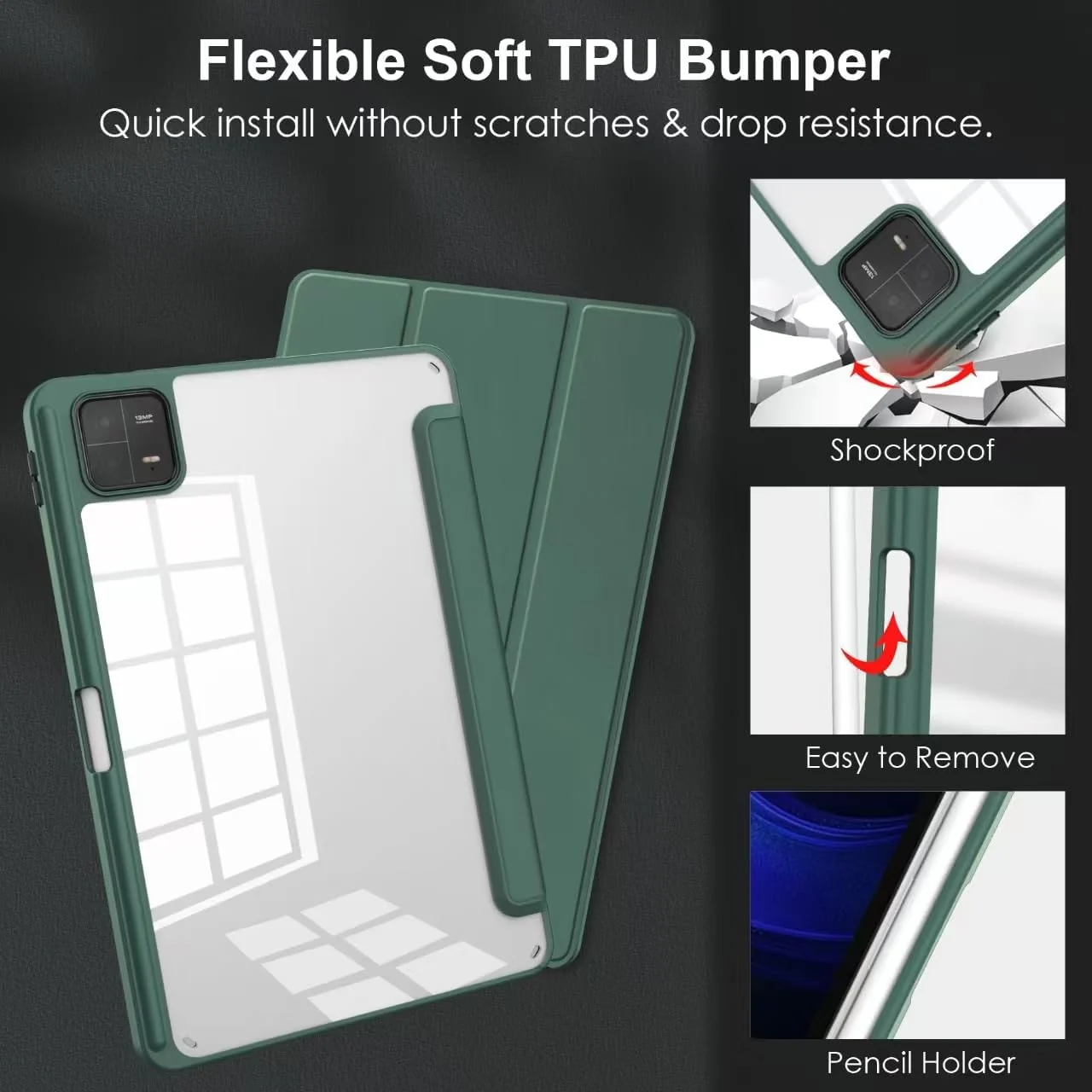 DL3 Mobilak Case for Xiaomi Pad 7 / Xiaomi Pad 7 Pro 2024 11.2 inch, Clear Shockproof Back Cover Built-in Pencil Holder, Auto Sleep/Wake - Green