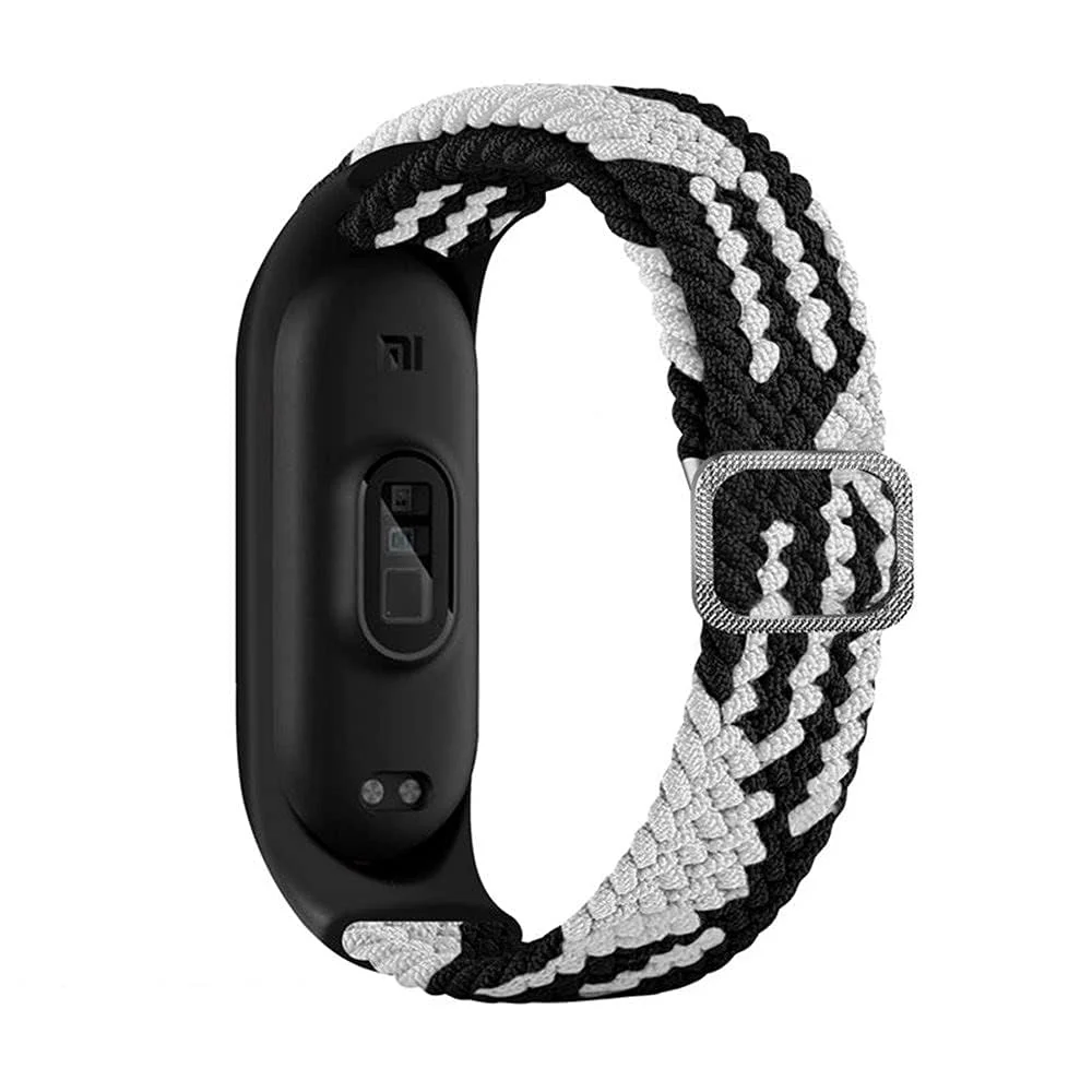 DL3 Mobilak Nylon Wristband Compatible for Xiaomi Mi Band 7/Mi Band 6/Mi Band 5/Mi Band 4/Mi Band 3, Adjustable Braided Elastic Solo Loop for Mi Band 7 6 5 4 3, Sport Strap Smart Watch Accessories - Black White