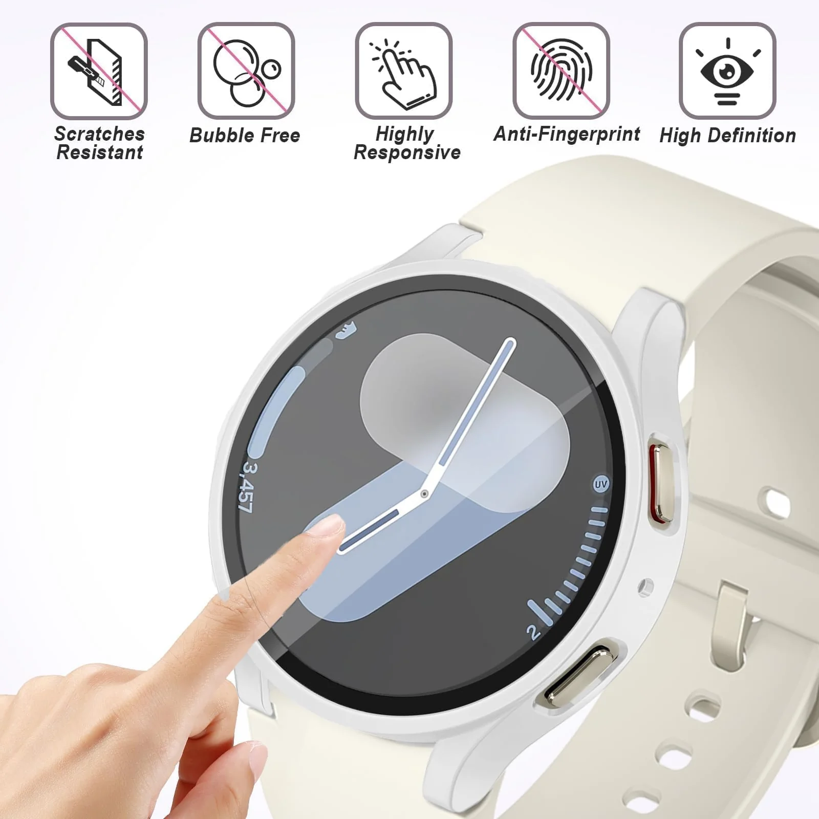 DL3 Mobilak Case with Screen Protector for Samsung Galaxy Watch 7 44mm, Bumper Full Coverage Hard PC Overall Protective Cover, Built-in Tempered Glass Film High Sensitivity - White