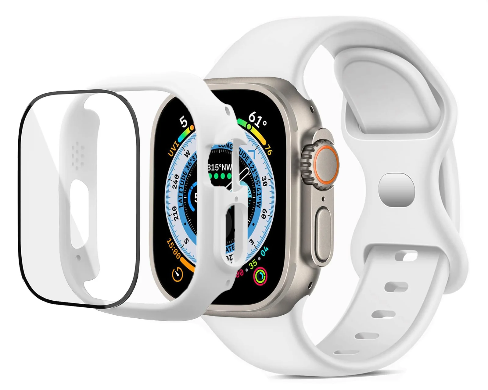 DL3 Mobilak Band with Case For Apple Watch Ultra/Ultra 2 49mm, Adjustable Silicone Sport Wristband Replacement, Strap With Cover Built-in Glass Screen Protector for iWatch Ultra 49 mm - White