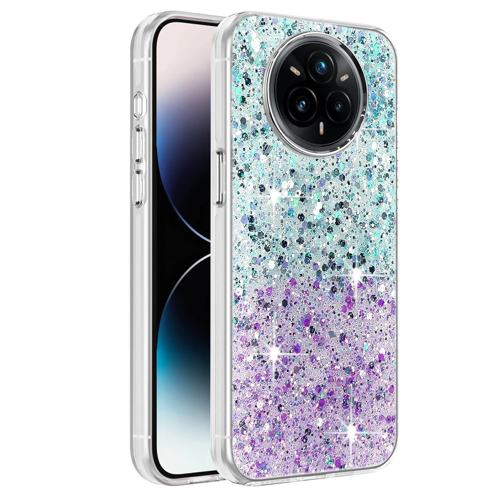 DL3 Mobilak Glitter Protective Case for realme 14 Pro + Plus 5G, Supports wireless charging, Camera protection, Shock-absorbing protection - Green Purple