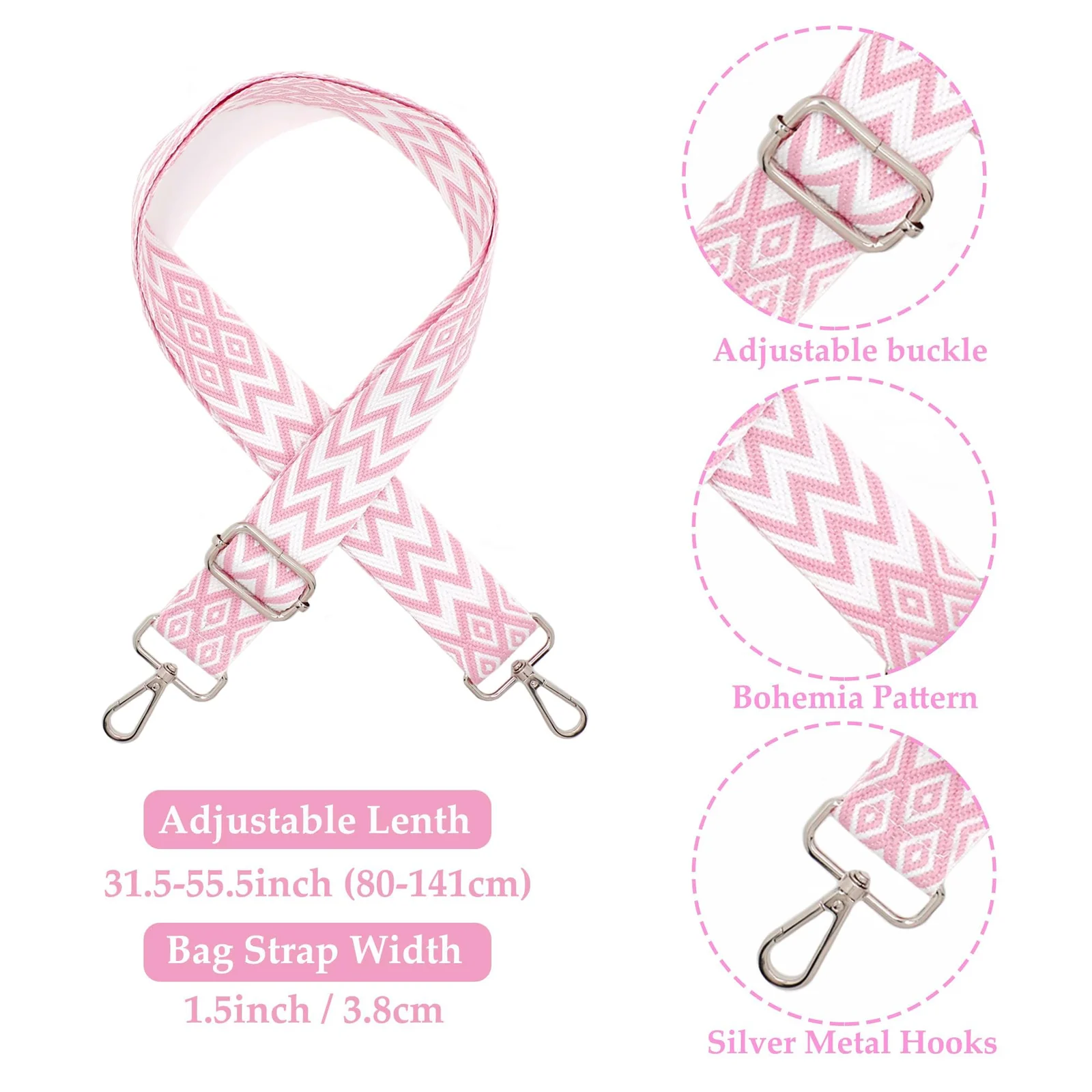 DL3 Mobilak Adjustable Wide Crossbody Bag Strap for Women, Replacement Shoulder Strap for Handbags, Totes & Purses with Elegant Embroidered Pattern and Metal Hooks - White-Pink