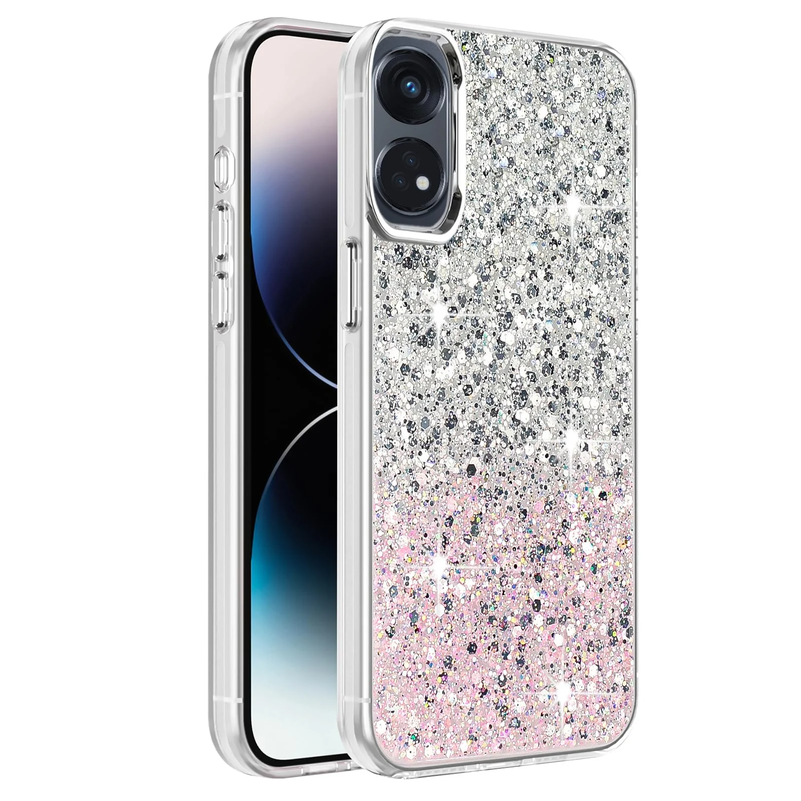 DL3 Mobilak Glitter Protective Case for OPPO Reno 8T 4G (Reno8T), Supports wireless charging, Camera protection, Shock-absorbing protection - White Pink