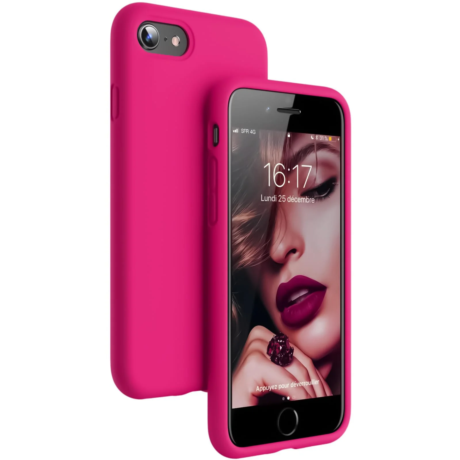 DL3 Mobilak Liquid Silicone Protective Case for iPhone SE 2022, SE 2020, iPhone 7, iPhone 8 with Camera Protection and Microfiber Lining - Neon Pink