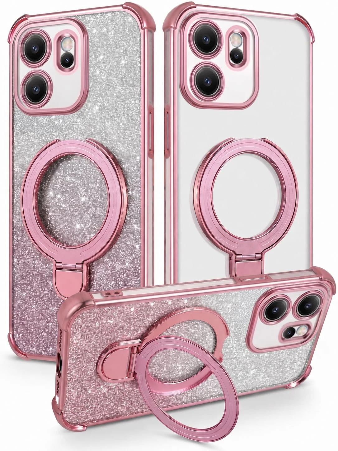 Mobigon Glitter Phone Case Compatible with OPPO Reno 15F / OPPO Reno15 FS, Magnetic Ring Stand Shockproof Cover, Clear Soft TPU Bumper with Full Camera Protection - Pink