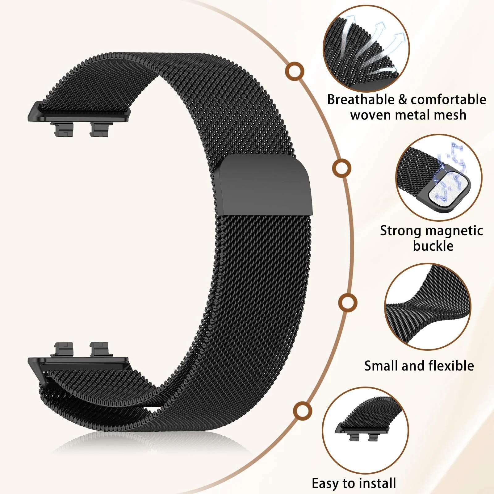 MOBIGON Magnetic Stainless Steel Watch Strap for Huawei Band 11 / 11 Pro, Black