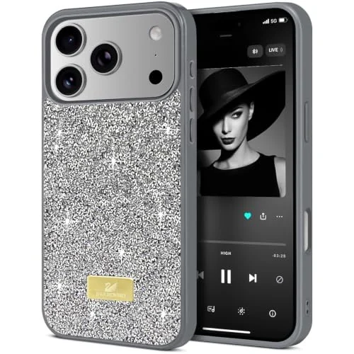 DL3 MOBILAK Case For iPhone 17 Pro Case Glitter, Sparkle Diamond Crystal Bling Case with Bling, Ultra Thin Lightweight Full Body Shockproof Anti-Scratch Protective Cover - Gray/Silver