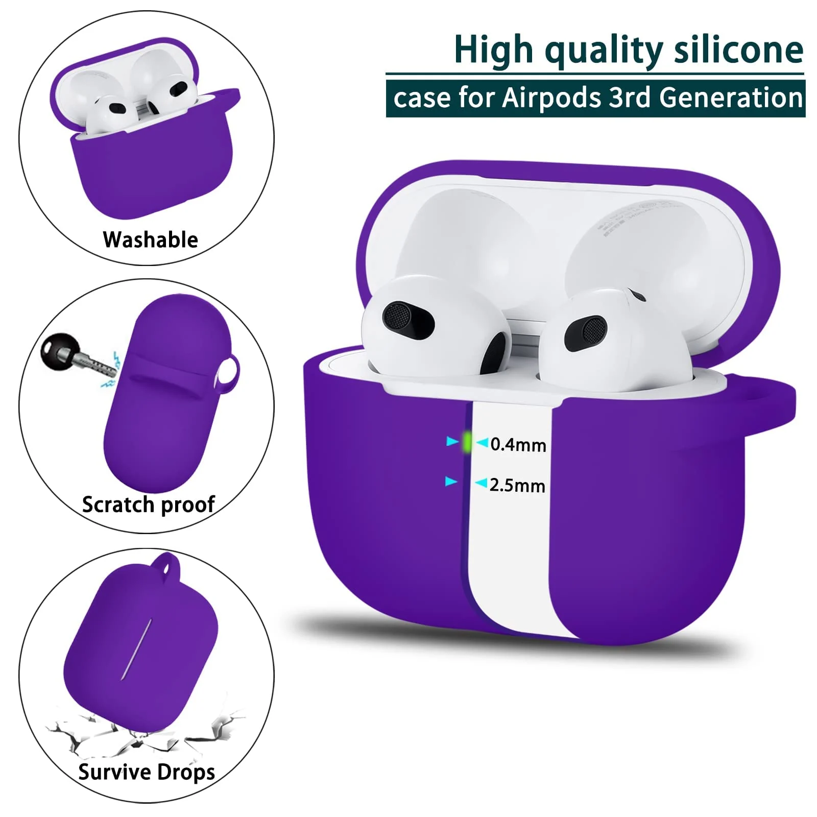 DL3 Mobilak AirPods 3 Case Cover, Silicone Protective Accessories Skin with Keychain Compatible with Apple AirPod 3rd Generation 2021 for Women Girl, Front LED Visible - Purple