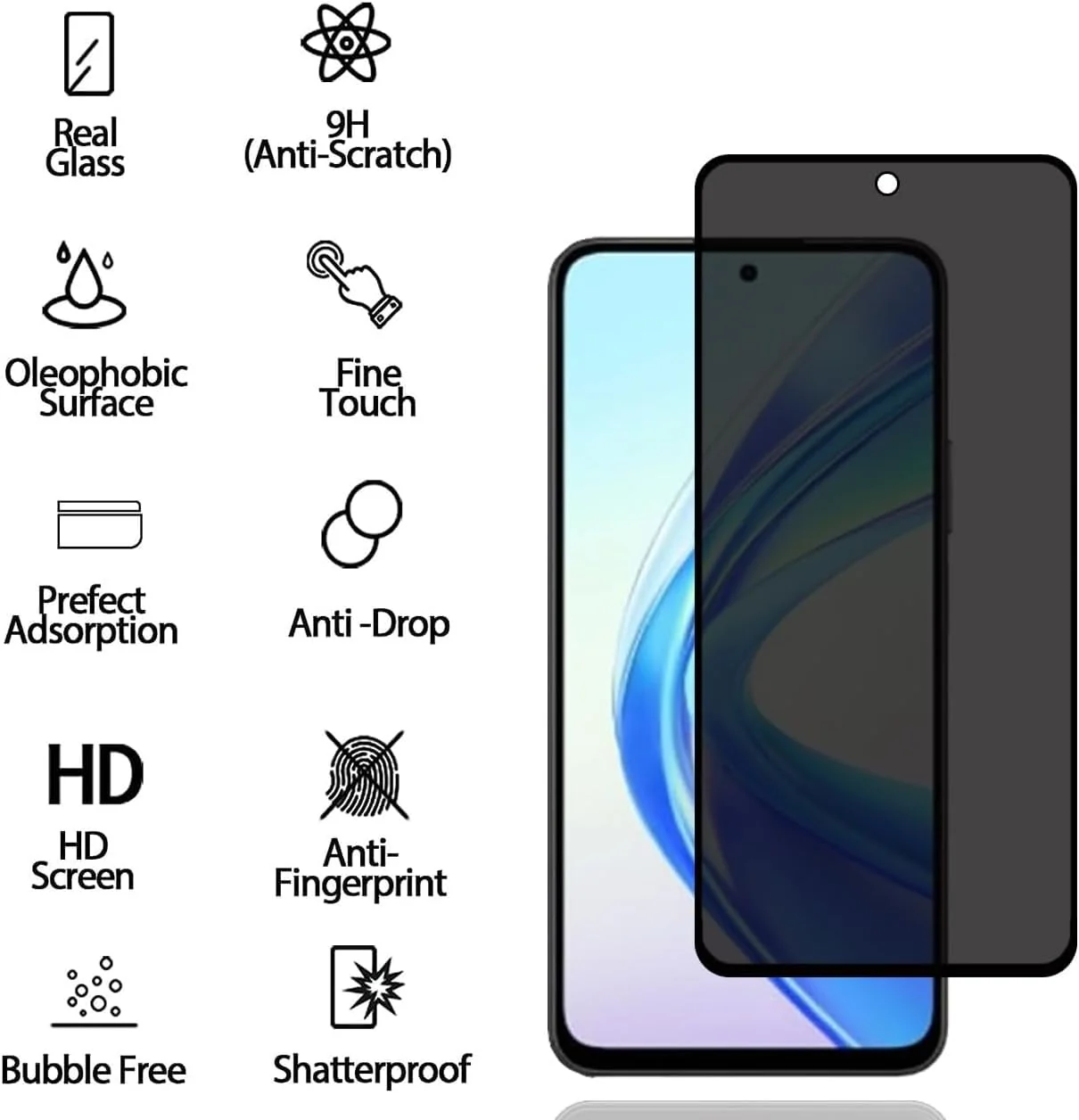 DL3 Mobilak Honor X7b Privacy Screen Protector, Anti-Spy 9H Hardness Tempered Glass Film [Case Friendly] [Bubble Free] - Black