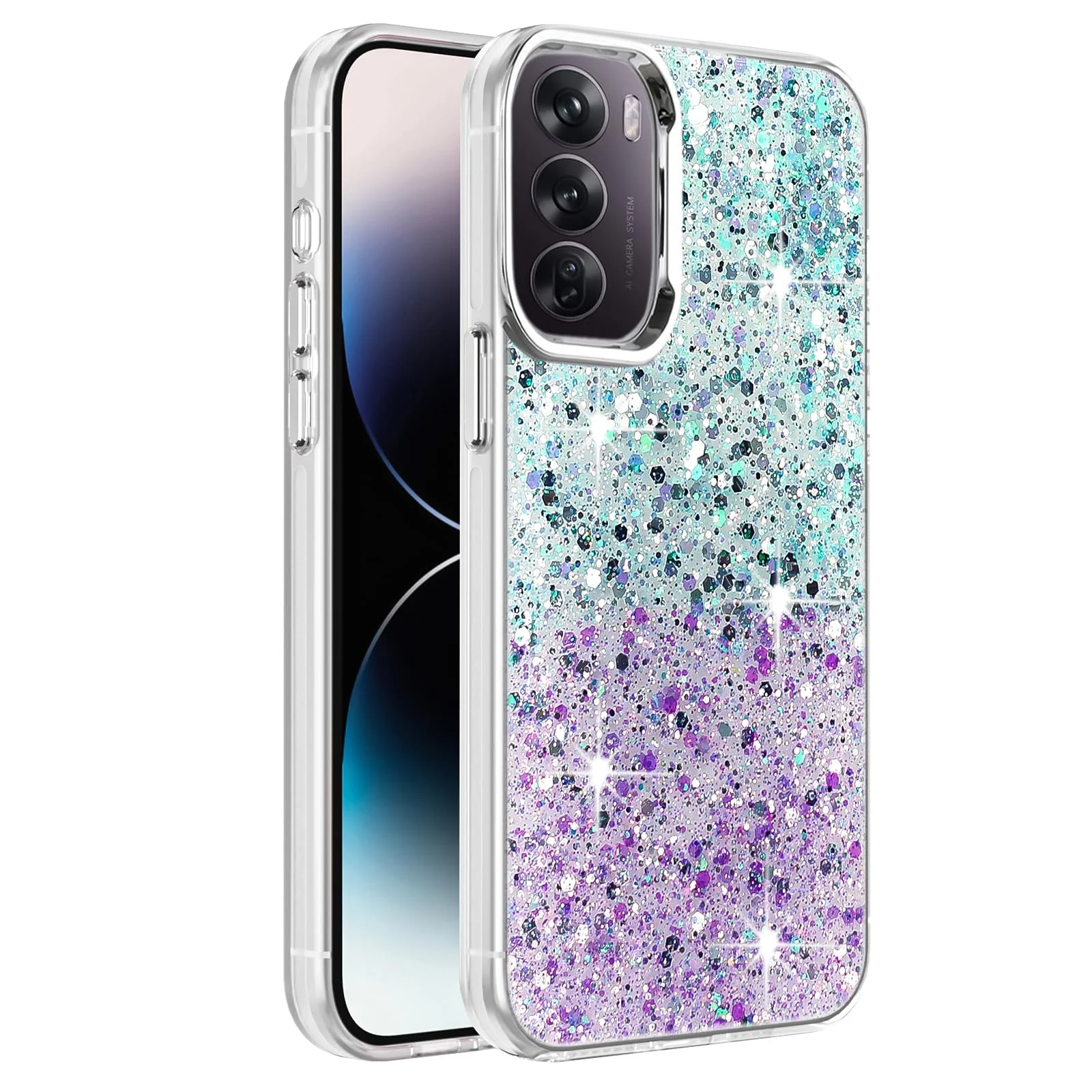 DL3 Mobilak Glitter Protective Case for OPPO Reno 12 Pro 5G (Reno12 Pro), Supports wireless charging, Camera protection, Shock-absorbing protection - Green Purple