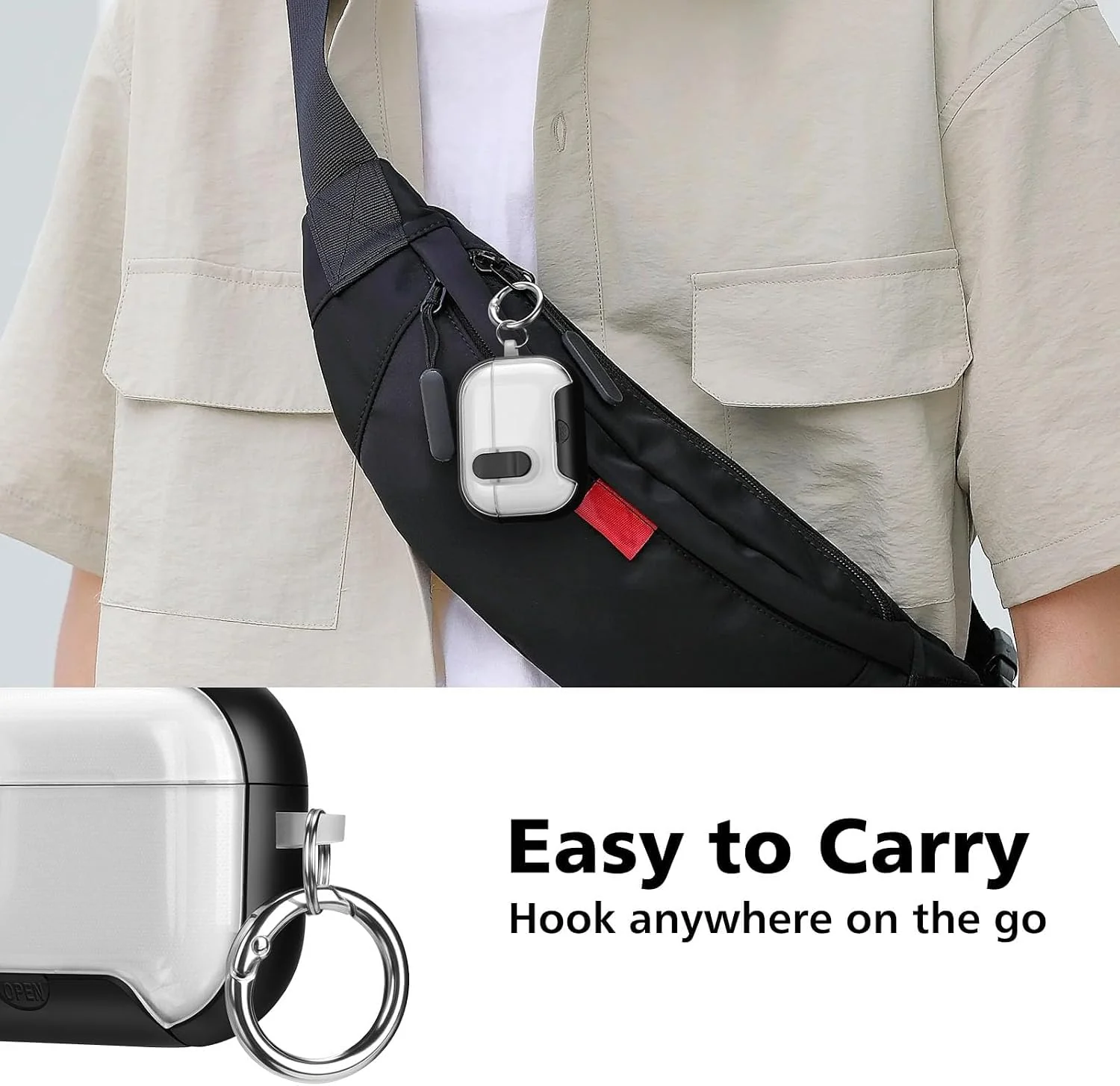 MOBIGON Locking Protective Case with Carabiner for AirPods Pro 1 / 2, Clear / White