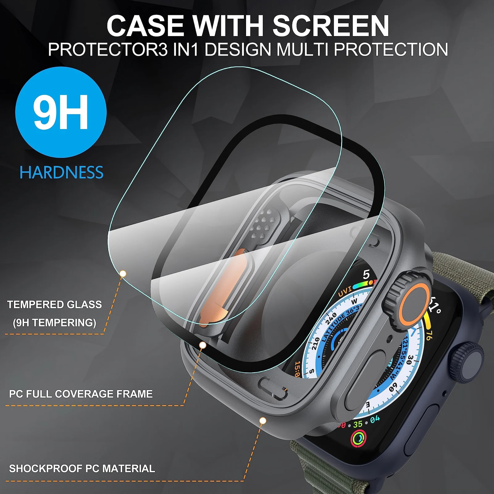DL3 Mobilak for Apple Watch 45mm Screen Protector Case, [Looks Like Ultra Protector Case] Built-in Tempered Glass Screen Unique Design Case Cover for iWatch 45mm Series 9 8 7 - Original Black