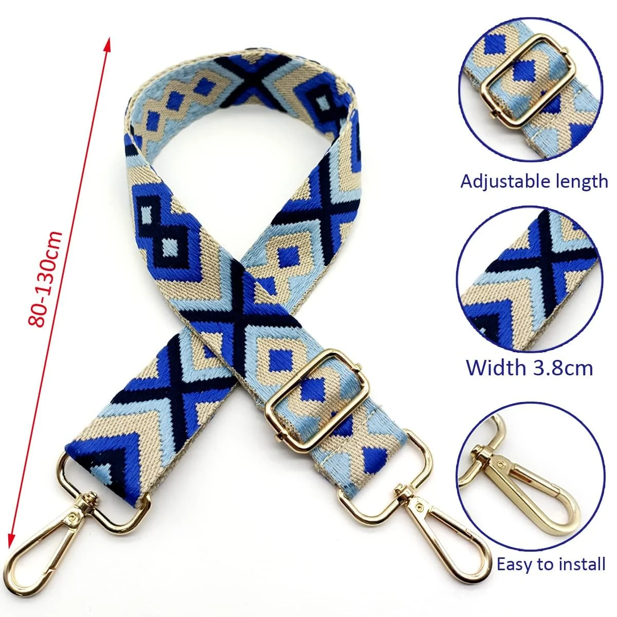 DL3 Mobilak Adjustable Wide Crossbody Bag Strap for Women, Replacement Shoulder Strap for Handbags, Totes & Purses with Elegant Embroidered Pattern and Metal Hooks - Blue Gold