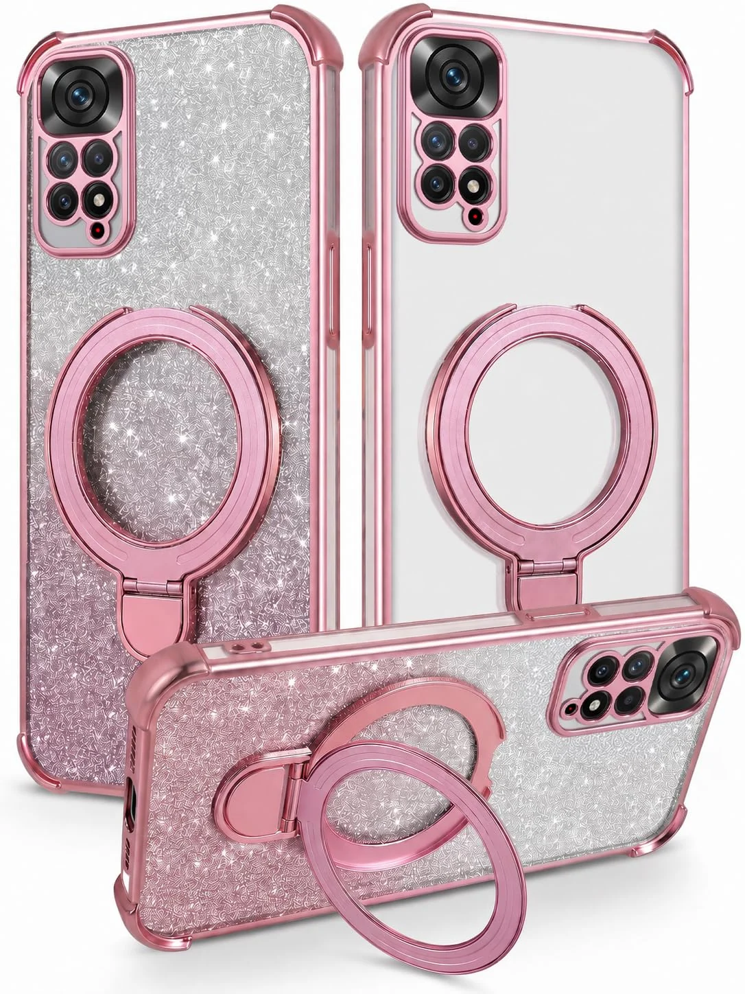 MOBIGON Glitter Phone Case with Magnetic Ring Stand for Xiaomi Redmi Note 11 4G / Note 11S, Pink