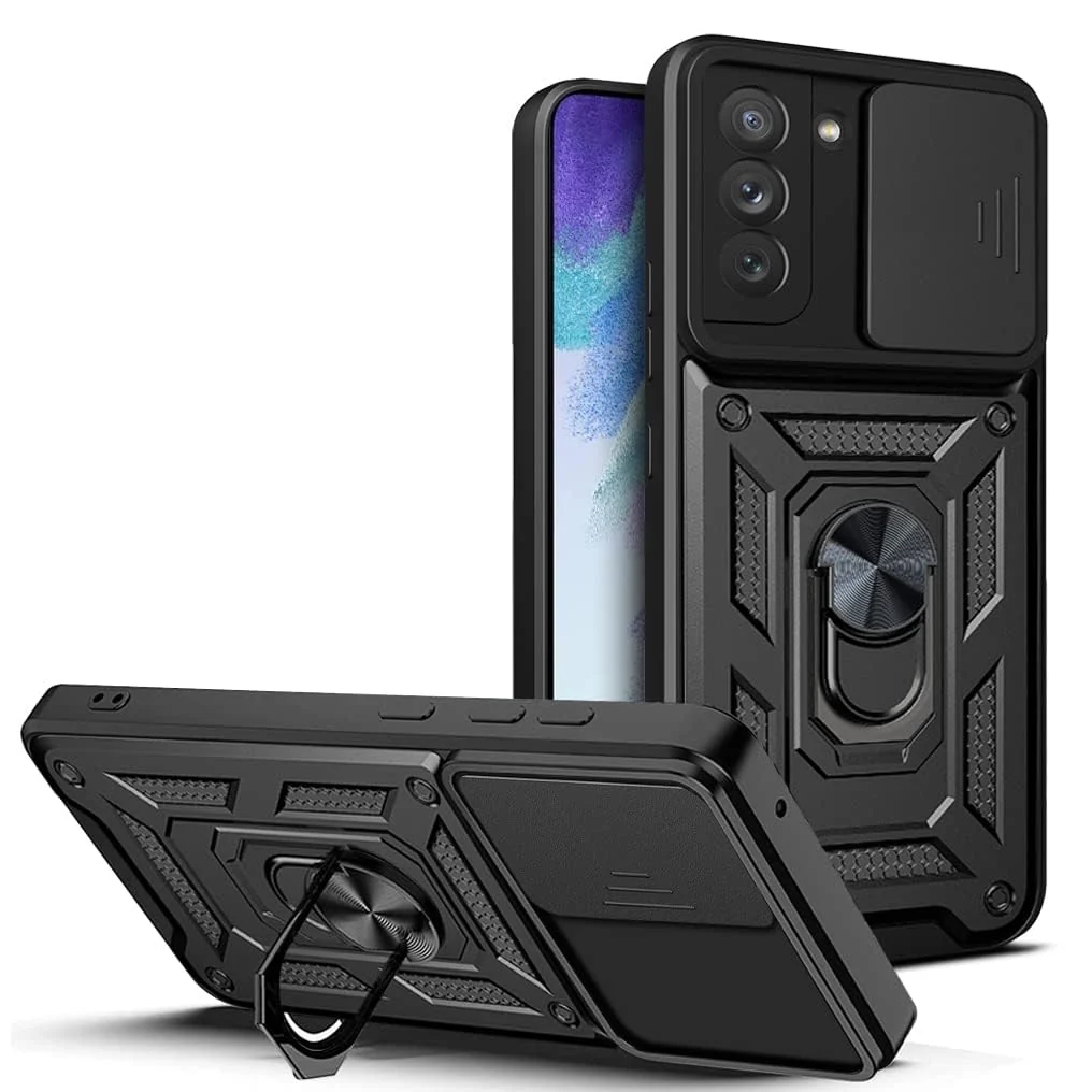 DL3 Mobilak Military-Grade Protective Case with Sliding Camera Cover, Metal Ring Kickstand and Magnetic Car-Mount Support for Samsung Galaxy S21 FE 5G - Black