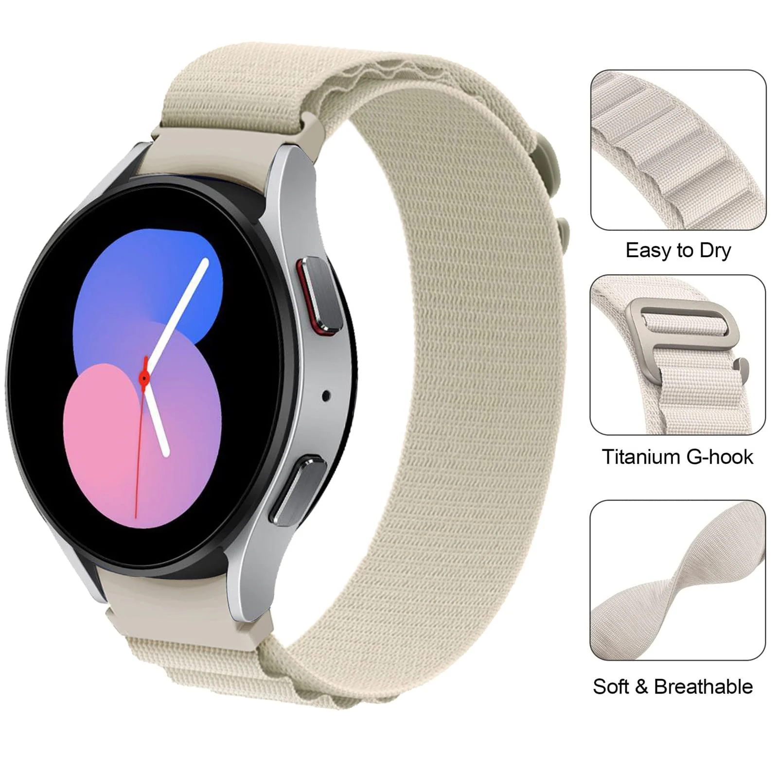 DL3 Mobilak No-Gap Nylon Watch Bands Compatible with Samsung Galaxy Watch 6 5 4 Band 40mm 44mm/Watch 5 Pro Band 45mm/Watch 6 4 Classic Band 42mm 43mm 46mm 47mm, Alpine Loop Woven Sport Strap Men Women - Starlight