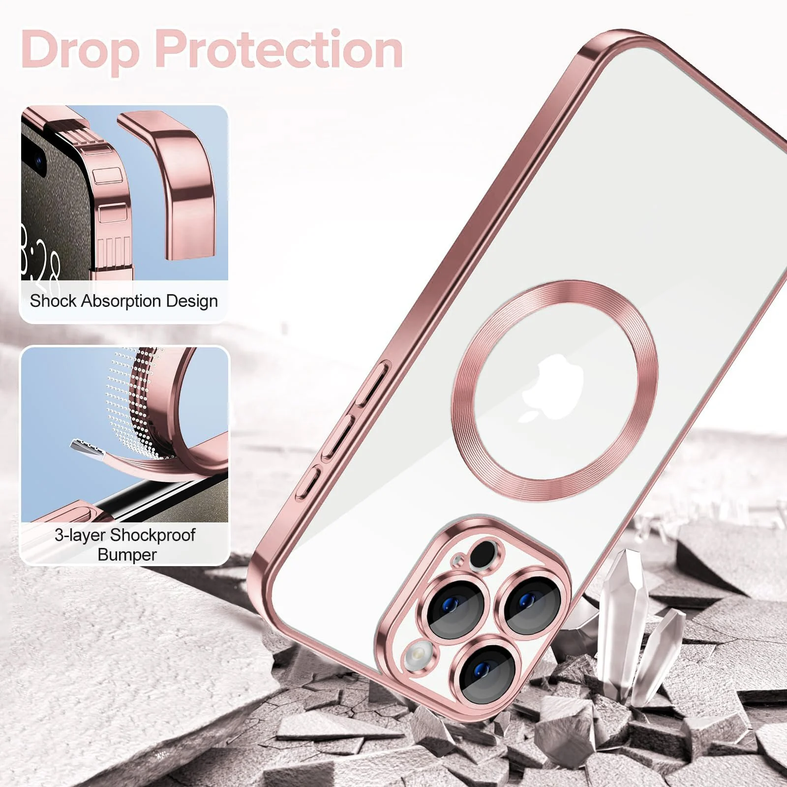 DL3 Mobilak Plated-Edge Protective Case for iPhone 14 (6.1 Inch) with Built-in, Supports wireless charging, Camera protection, Scratch-resistant surface - Rose Gold