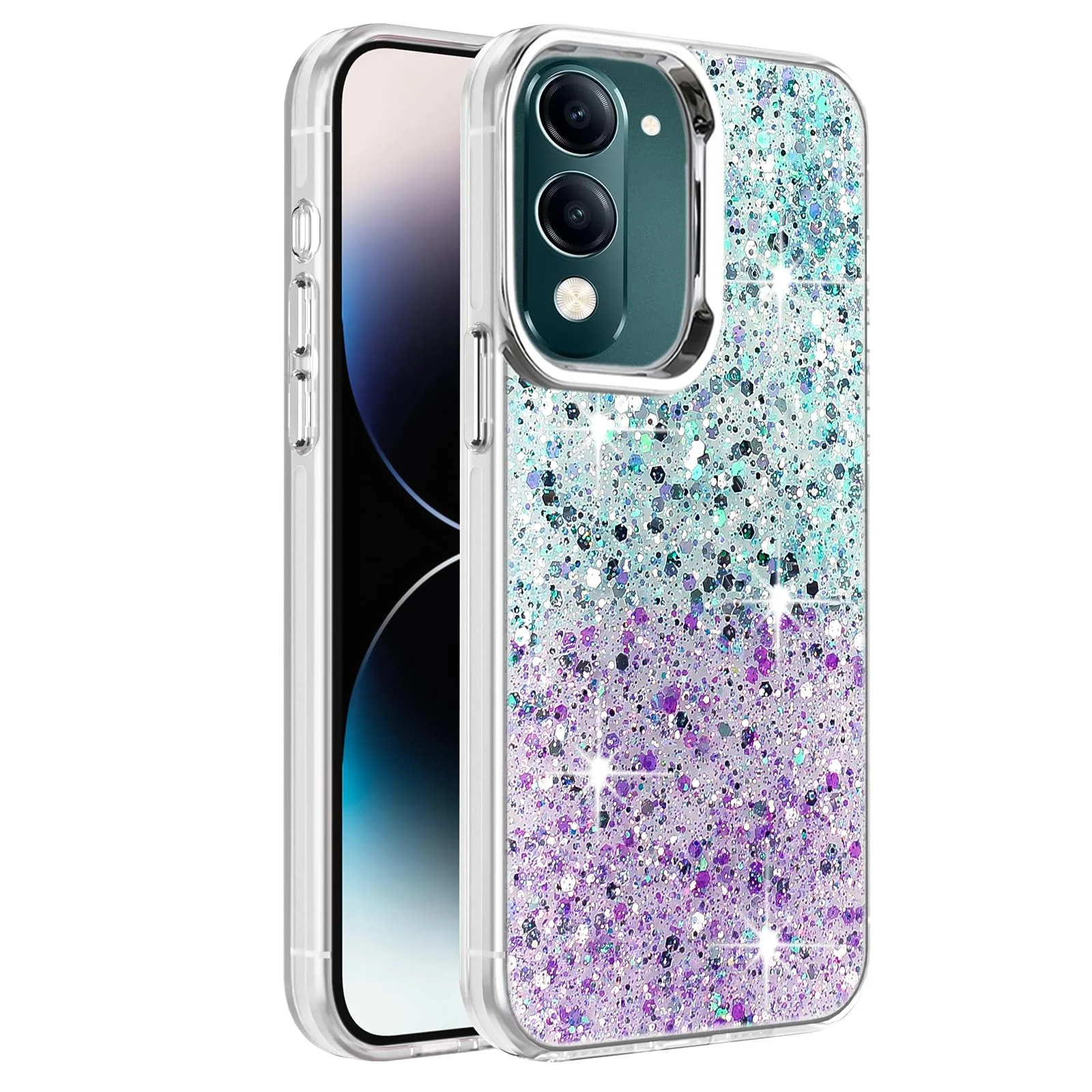 Dl3 Mobilak Compatible with Vivo Y04 / Vivo Y29s 5G Case, Clear Glitter Bling Sparkly, Soft TPU Frame Bumper, Hard-Back Cover for Women & Girls, Transparent Protective Phone Case (Pink Green)