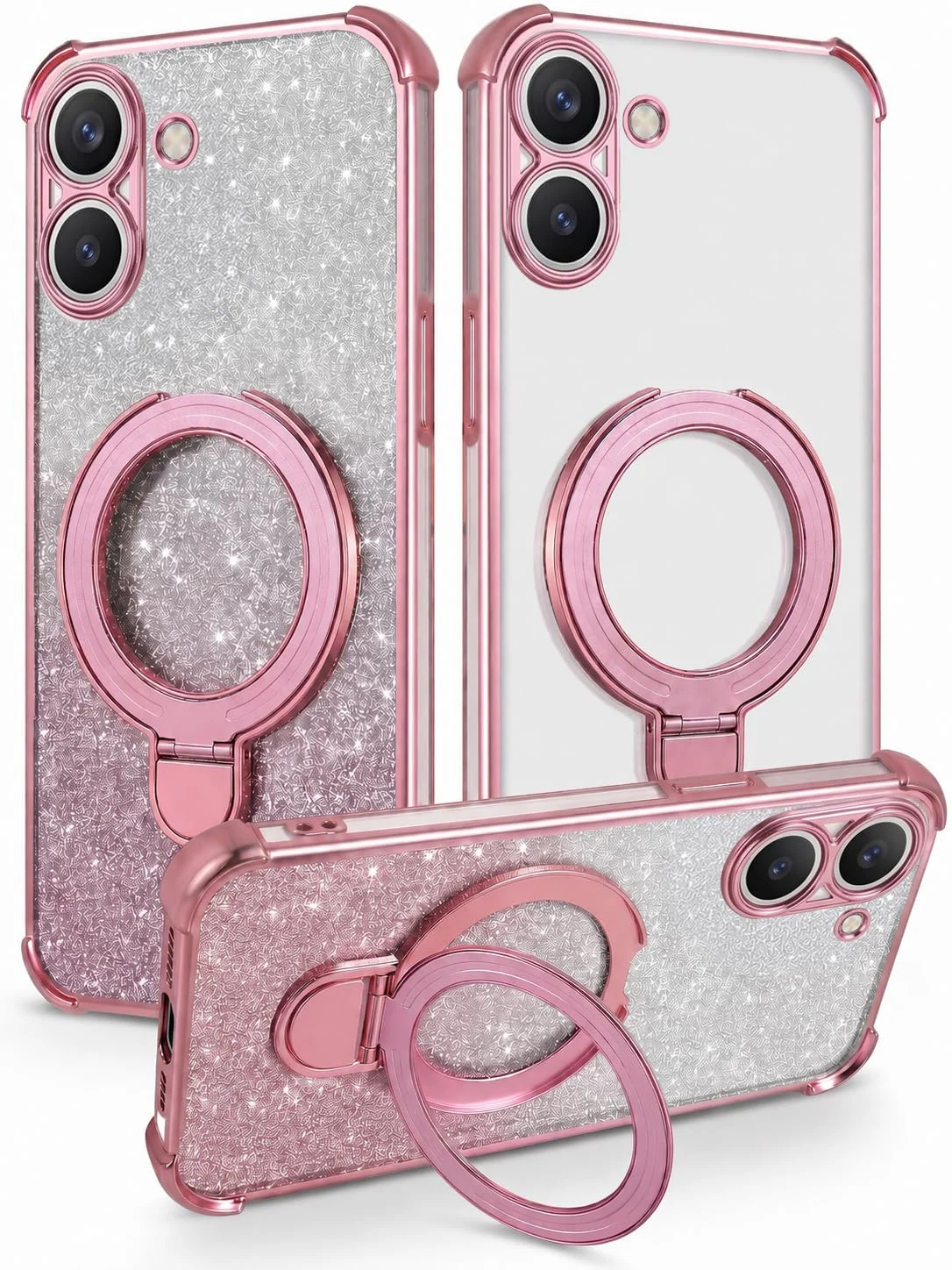 MOBIGON Glitter Phone Case with Magnetic Ring Stand for Xiaomi Redmi 13C 4G / POCO C65, Pink