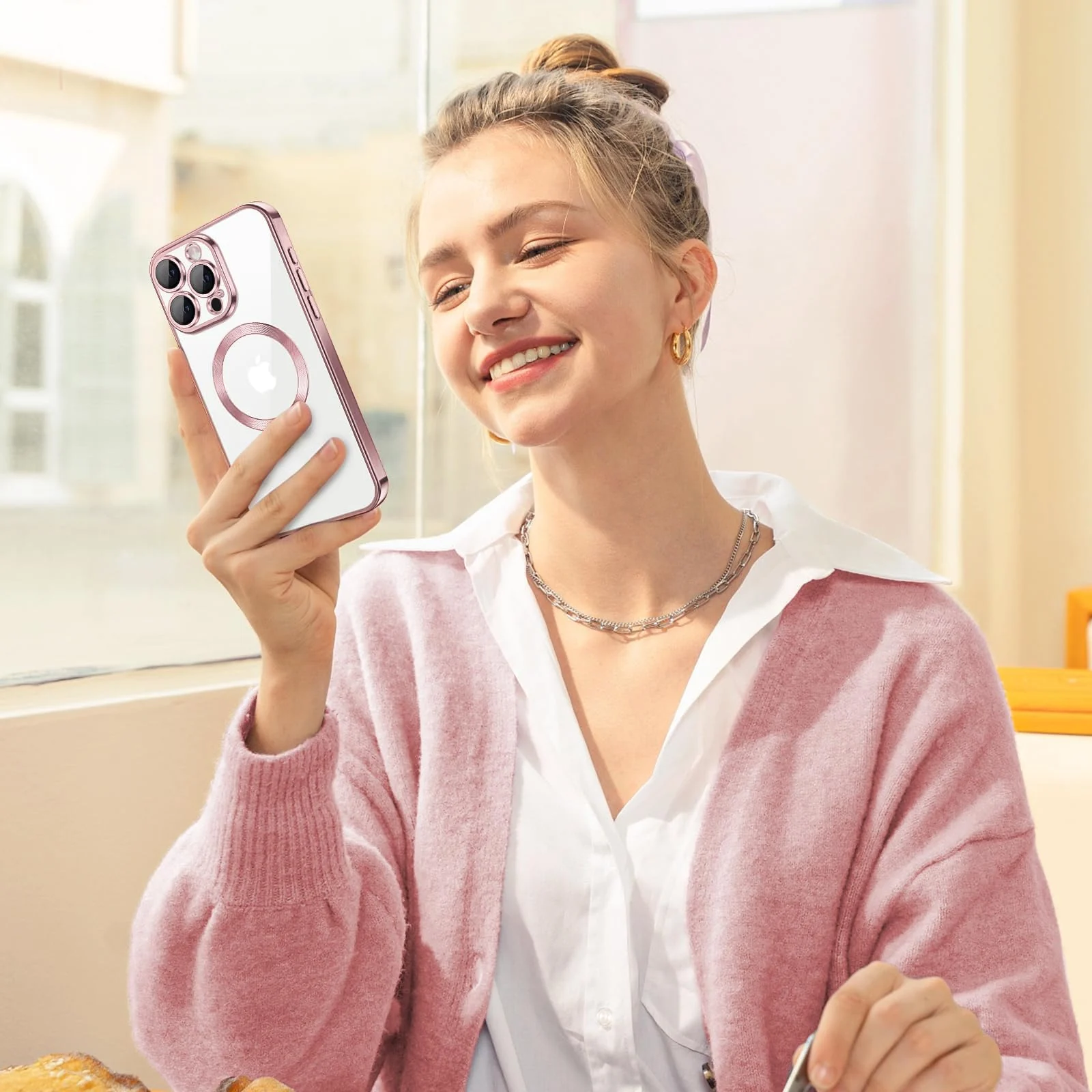 DL3 Mobilak Clear TPU Case with Electroplated Edges for iPhone 13 Pro with Camera Protection and Anti-Yellowing Design - Rose Gold