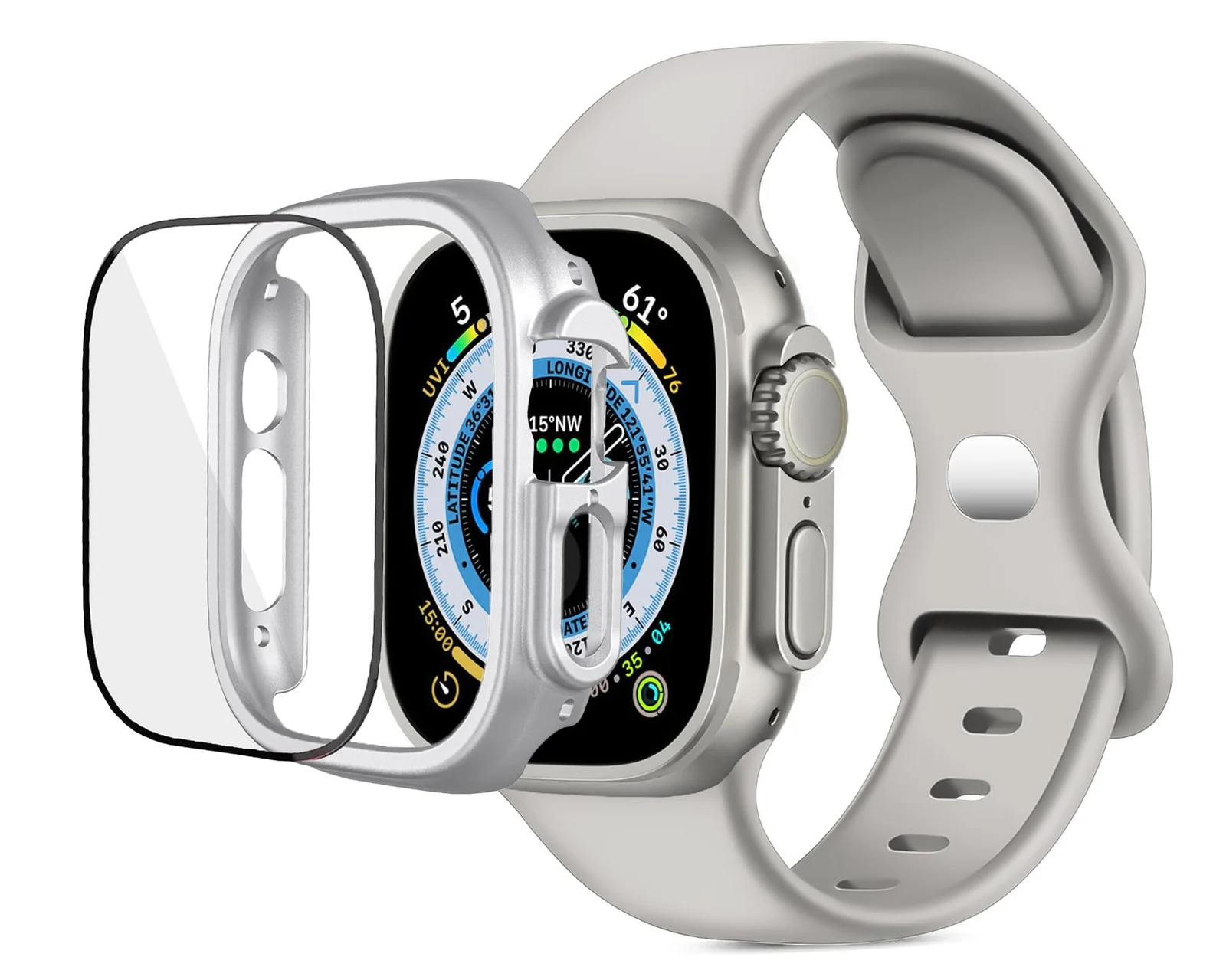 DL3 Mobilak Band with Case For Apple Watch Ultra/Ultra 2 49mm, Adjustable Silicone Sport Wristband Replacement, Strap With Cover Built-in Glass Screen Protector for iWatch Ultra 49 mm - Light Gray
