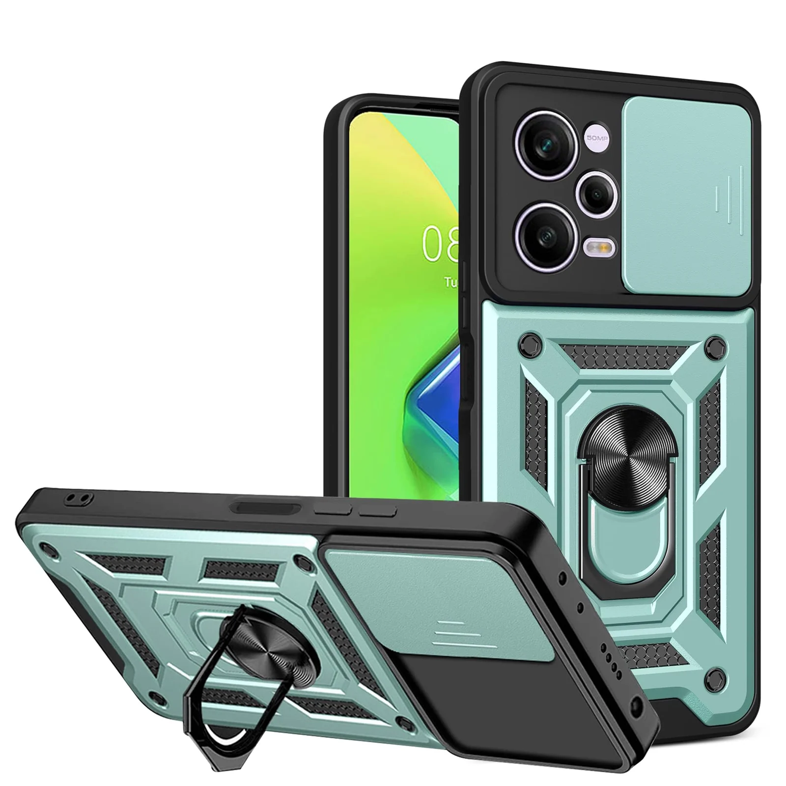 DL3 Mobilak Protective Case with Sliding Camera Cover, Metal Ring Kickstand and Magnetic Car-Mount Support for Xiaomi Redmi Note 12 Pro 5G / Poco X5 Pro 5G - Green