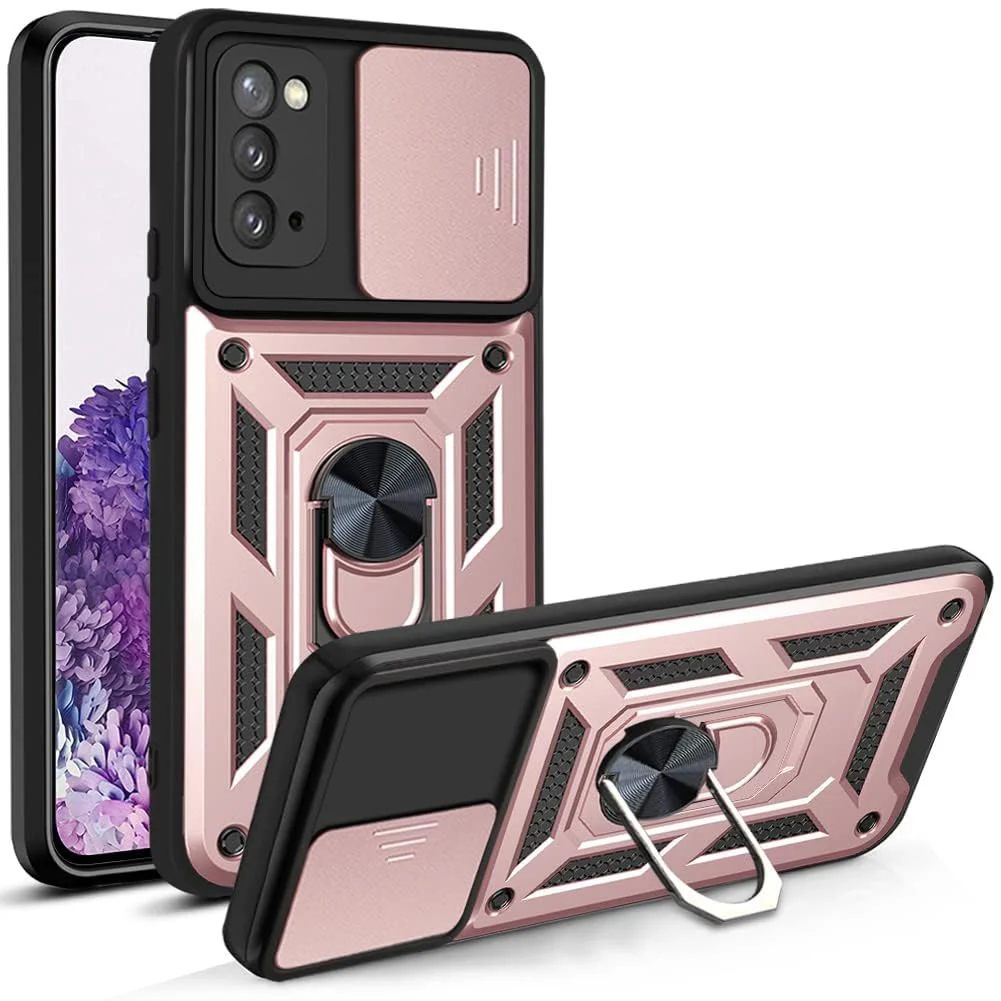 "DL3 Mobilak Military-Grade Protective Case with Sliding Camera Cover, Metal Ring Kickstand and Magnetic Car-Mount Support for Samsung Galaxy Note 20 5G (6.7"") - Rose Gold"