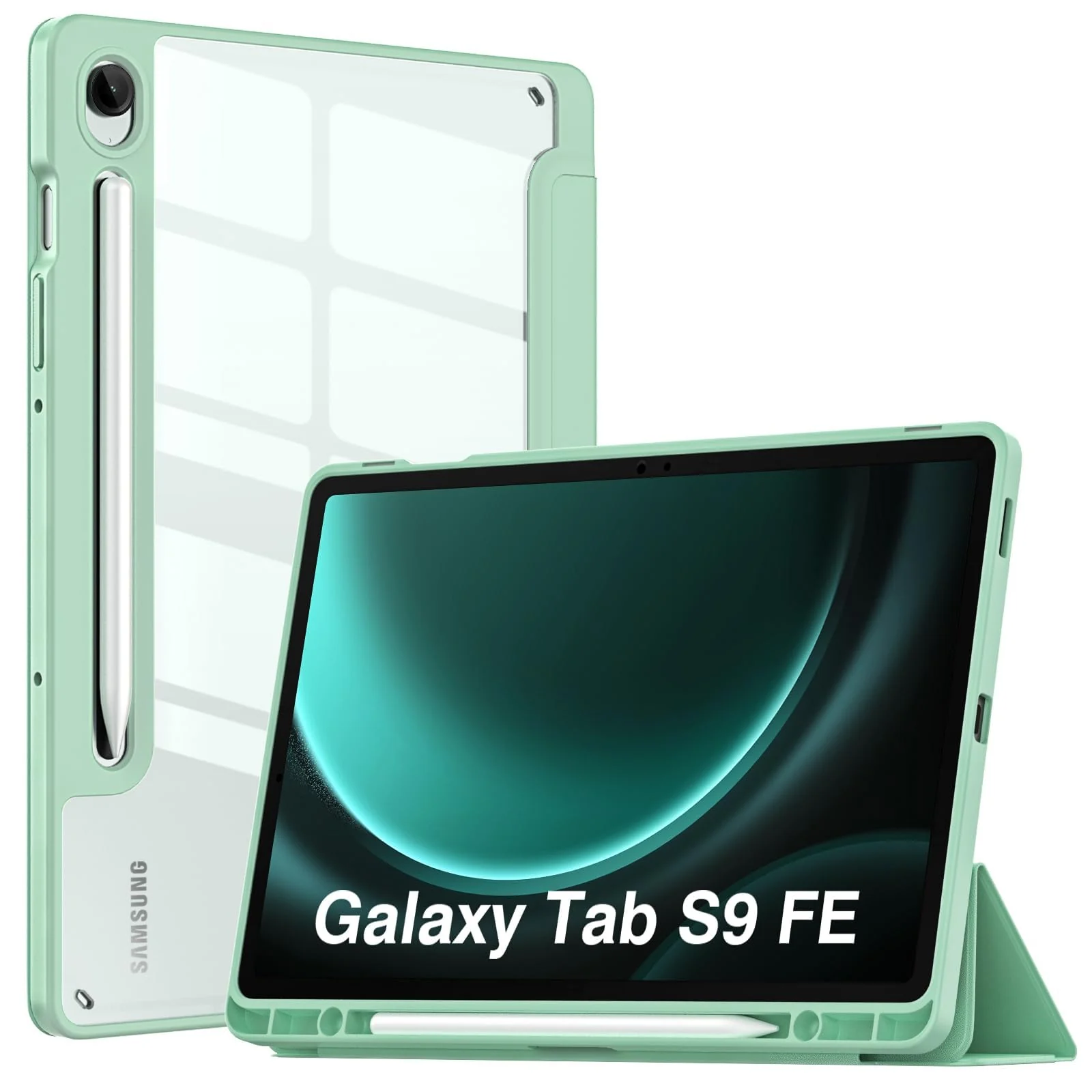 DL3 Mobilak Hybrid Slim Case for Samsung Galaxy Tab S9 FE 5G 10.9 Inch/Galaxy Tab S9 11 Inch 2023 with S Pen Holder, Shockproof Cover with Clear Transparent Back Shell, Auto Wake/Sleep - Mint Green