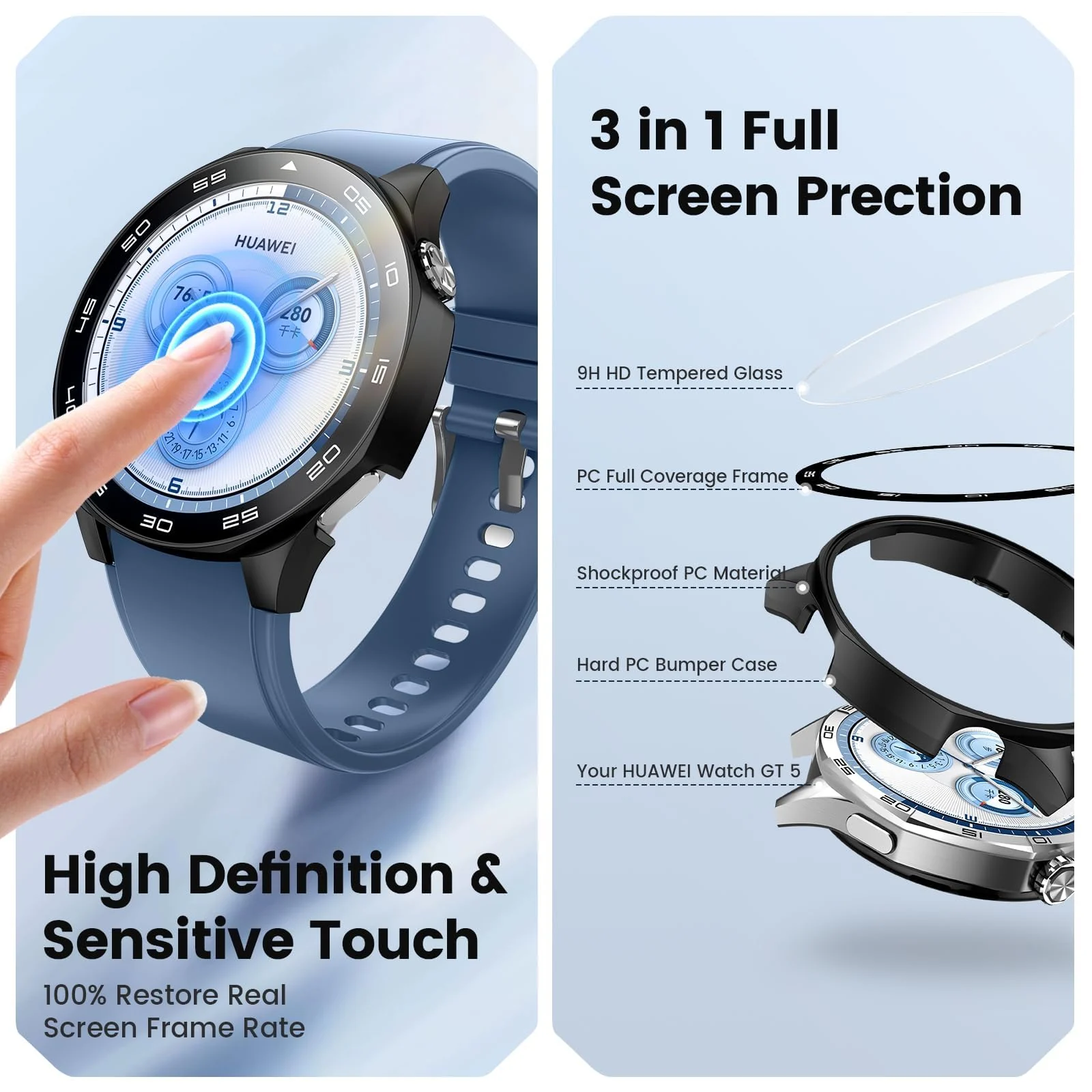 DL3 Mobilak Protective Case for Huawei Watch GT 5 46mm, Hard PC Bumper Cover with Built-in Tempered Glass Screen Protector Shell Cover Full Coverage Scratchproof with Scale - Black