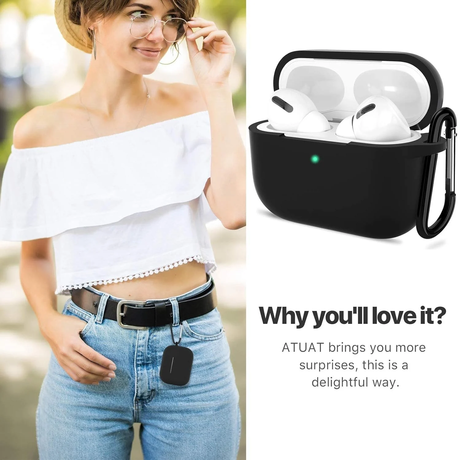 DL3 Mobilak Case Compatible with AirPods Pro, Silicone Protective Charging Case Skin with Keychain Compatible with AirPods Pro Case for Women Men, Wireless Charging, Front LED Visible - Black