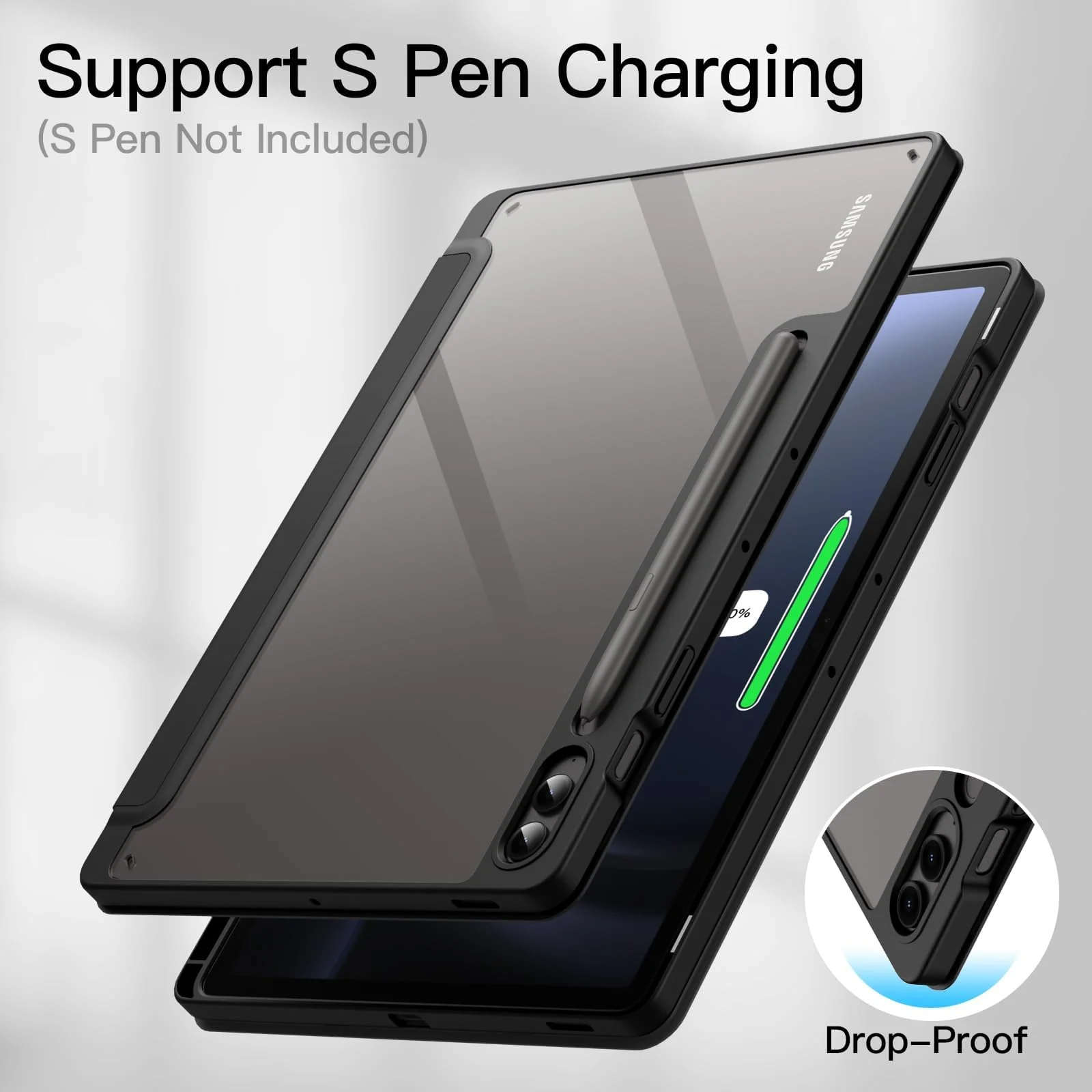 DL3 Mobilak Hybrid Slim Case for Samsung Galaxy Tab S9 FE+ / S9 FE Plus 12.4-Inch with S Pen Holder, Shockproof Cover with Clear Transparent Back Shell, Auto Wake/Sleep - Black