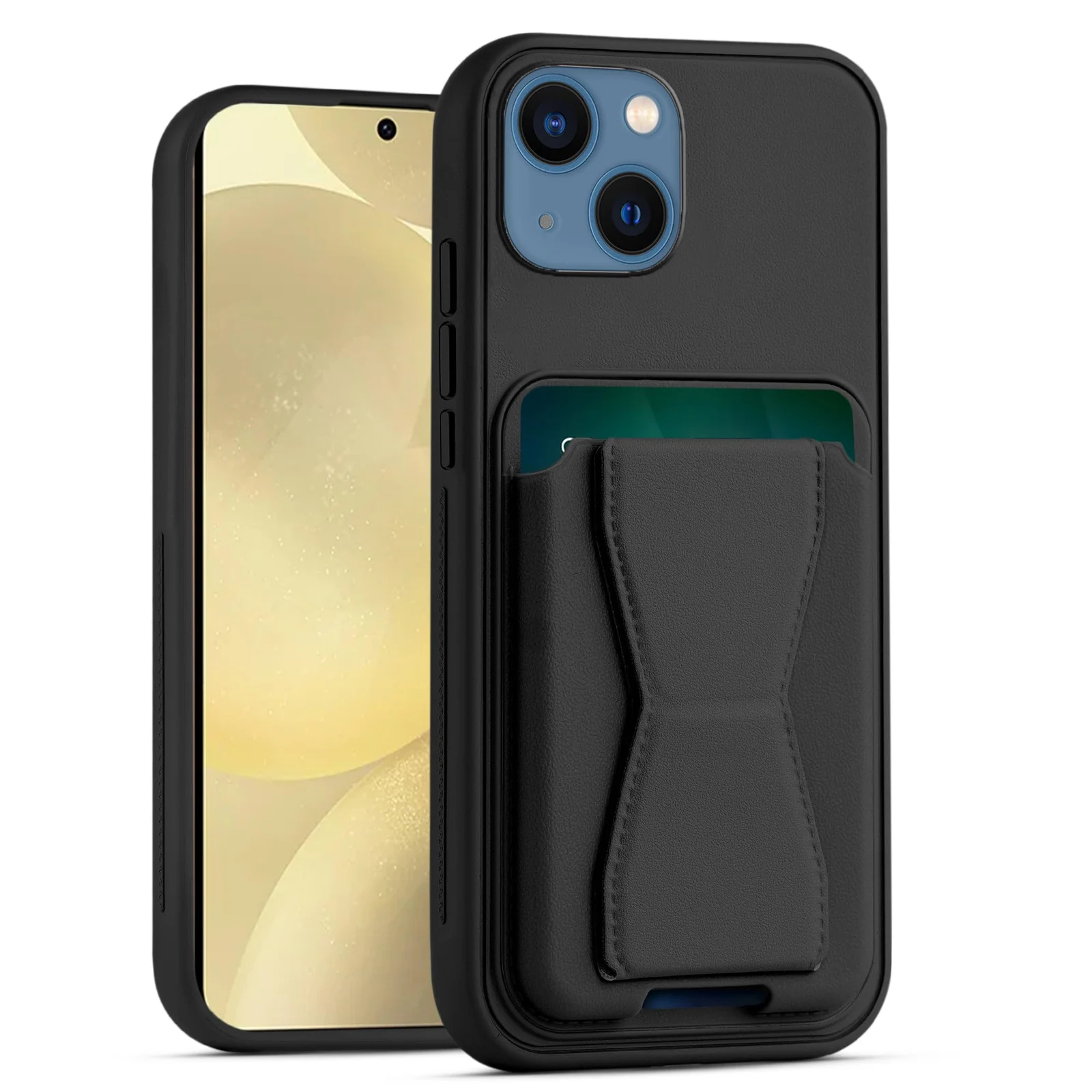 DL3 Mobilak Leather Wallet Case Compatible with iPhone 13/iPhone 14, Leather Back Cover With TPU Frame, Shockproof Protective Phone Case with Card Holder Stand - Black