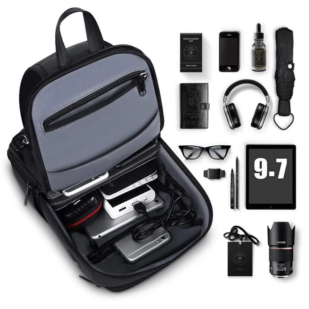 Mobigon Laptop Sling Backpack Anti Theft Bag, Hiking Daypack 12 Inch Fits iPad - Tablet 7 to 9.7 Inch Waterproof Nylon Crossbody Bags for Men, Single Shoulder Camping Dayback with USB Port - Black