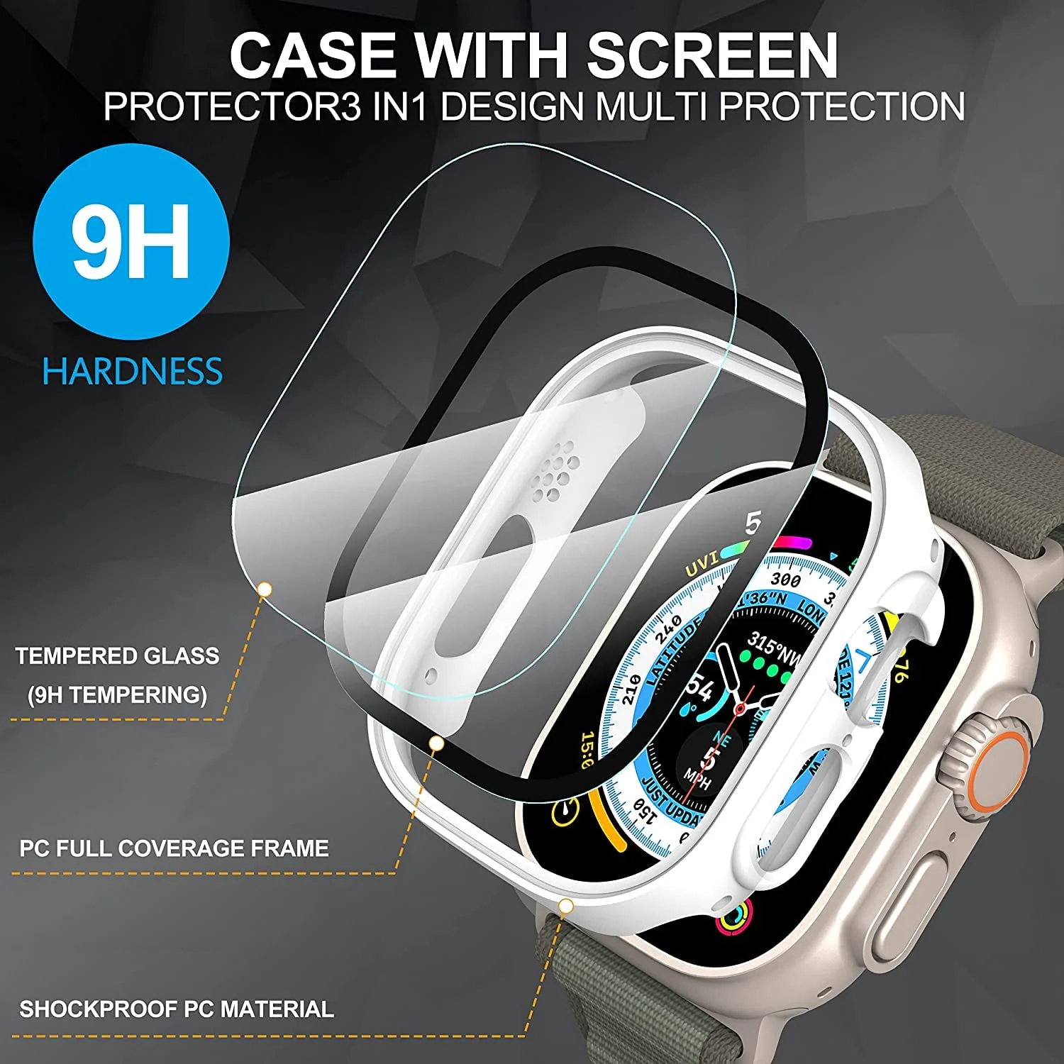DL3 Mobilak Hard Case Designed for Apple Watch Ultra 2 (2023) / Ultra 1 49mm, Built-in 9H [HD Clear] Tempered Glass Screen Protector, [Full Protection] Slim Cover for iWatch 49mm - White