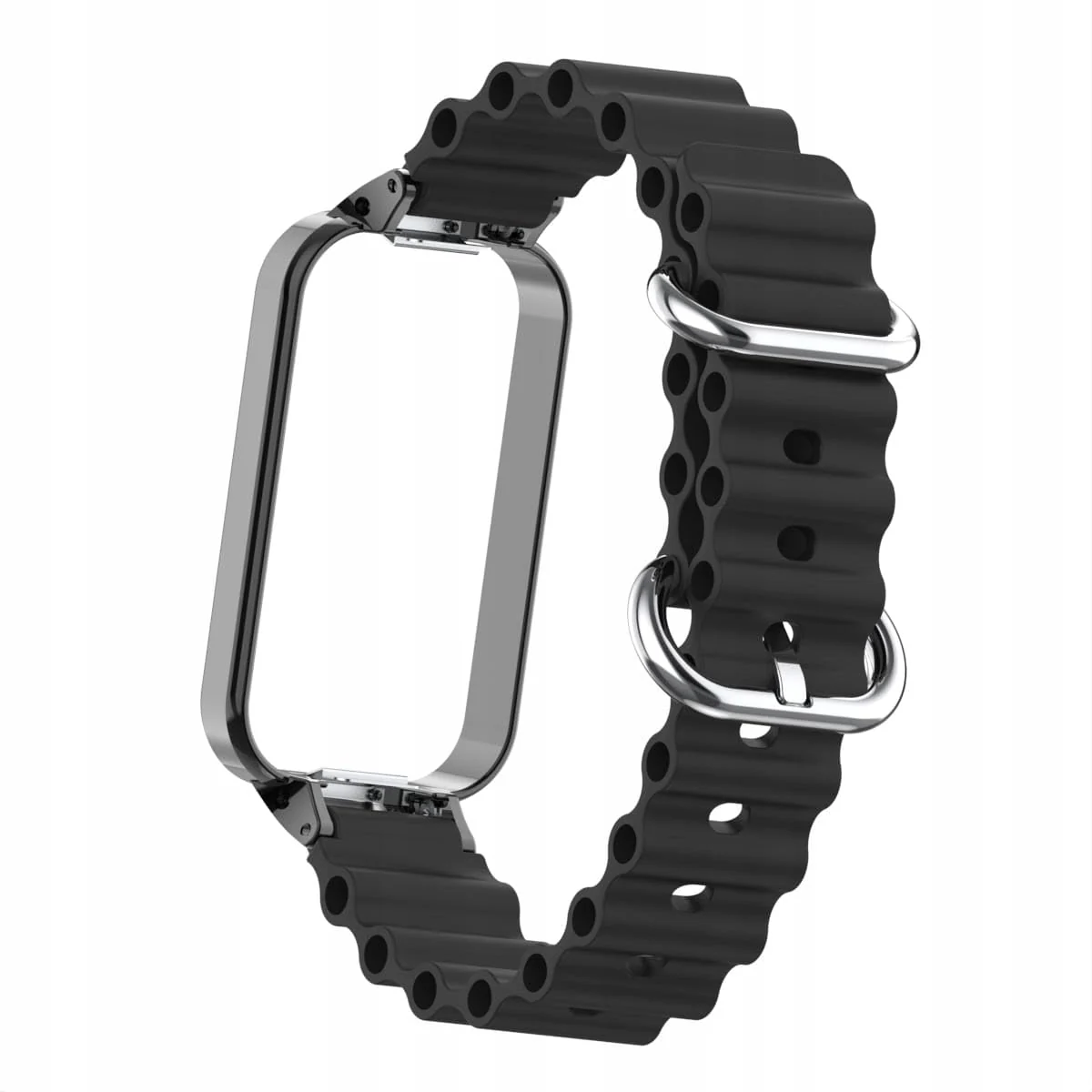 DL3 Mobilak Ocean Strap Compatible with Xiaomi Redmi Band 2/Smart Band 8 Active, Adjustable Silicone Band with Metal Buckle and Frame for Women and Men - Black