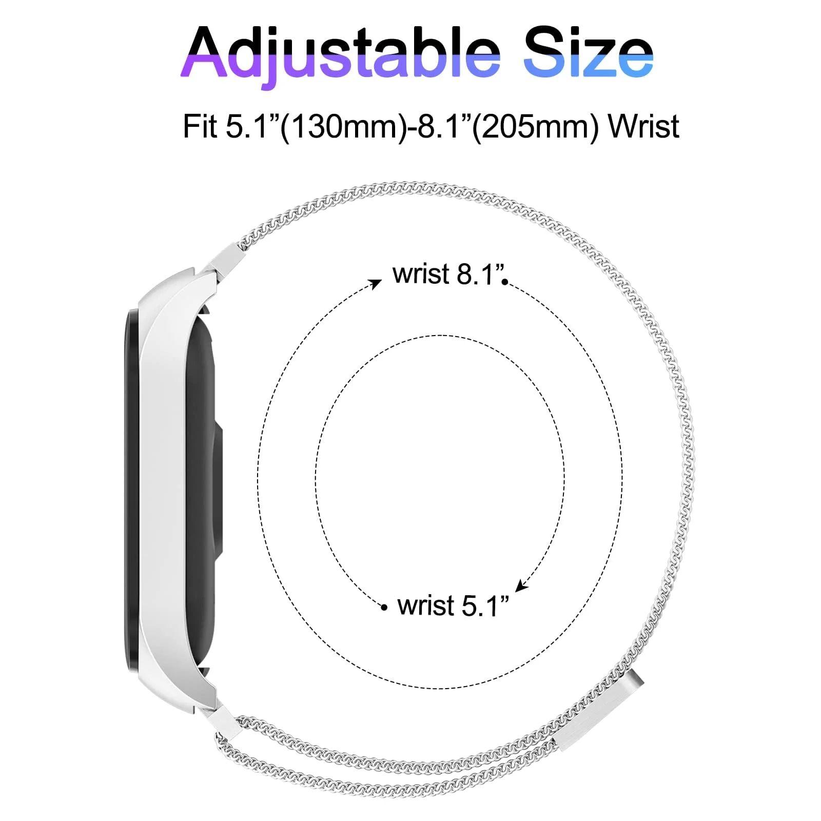 DL3 Mobilak Compatible with Xiaomi Mi Band 7 Strap for Women Men, Adjustable Stainless Steel Metal Replacement Strap Magnetic Metal Wristband, Straps Compatible with Mi Band 7 - Silver