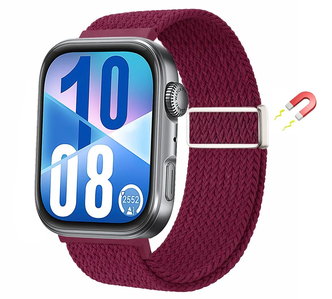 DL3 Mobilak Braided Strap for Huawei Watch Fit 4 / Fit 4 Pro/Fit 3 Bracelet, Quick Release Adjustable Nylon Sport Elastic Loop Band, Anti-Slip Magnetic Buckle Stretchy Nylon Strap - Wine Red