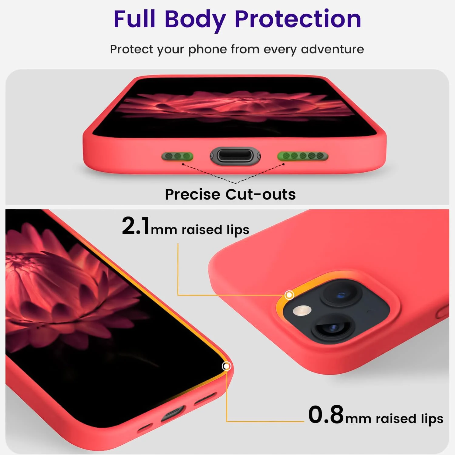 DL3 Mobilak Liquid Silicone Protective Case with Soft Microfiber Lining for iPhone 15 - Neon Coral
