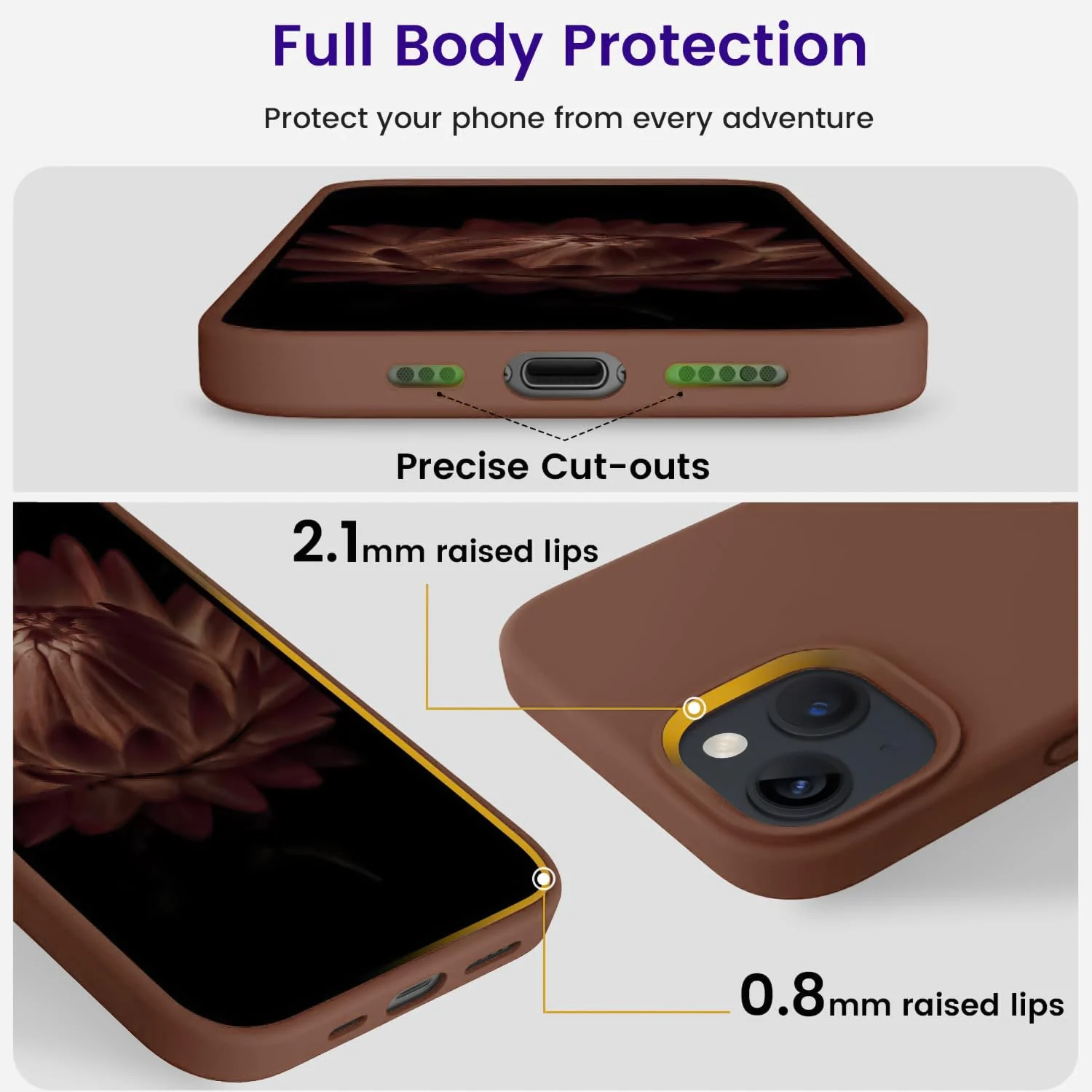 DL3 Mobilak Compatible with iPhone 14 (6.1 Inch) Case, Liquid Silicone Case, Full Body Protective Cover, Shockproof, Slim Phone Case, Anti-Scratch Soft Microfiber Lining - Brown