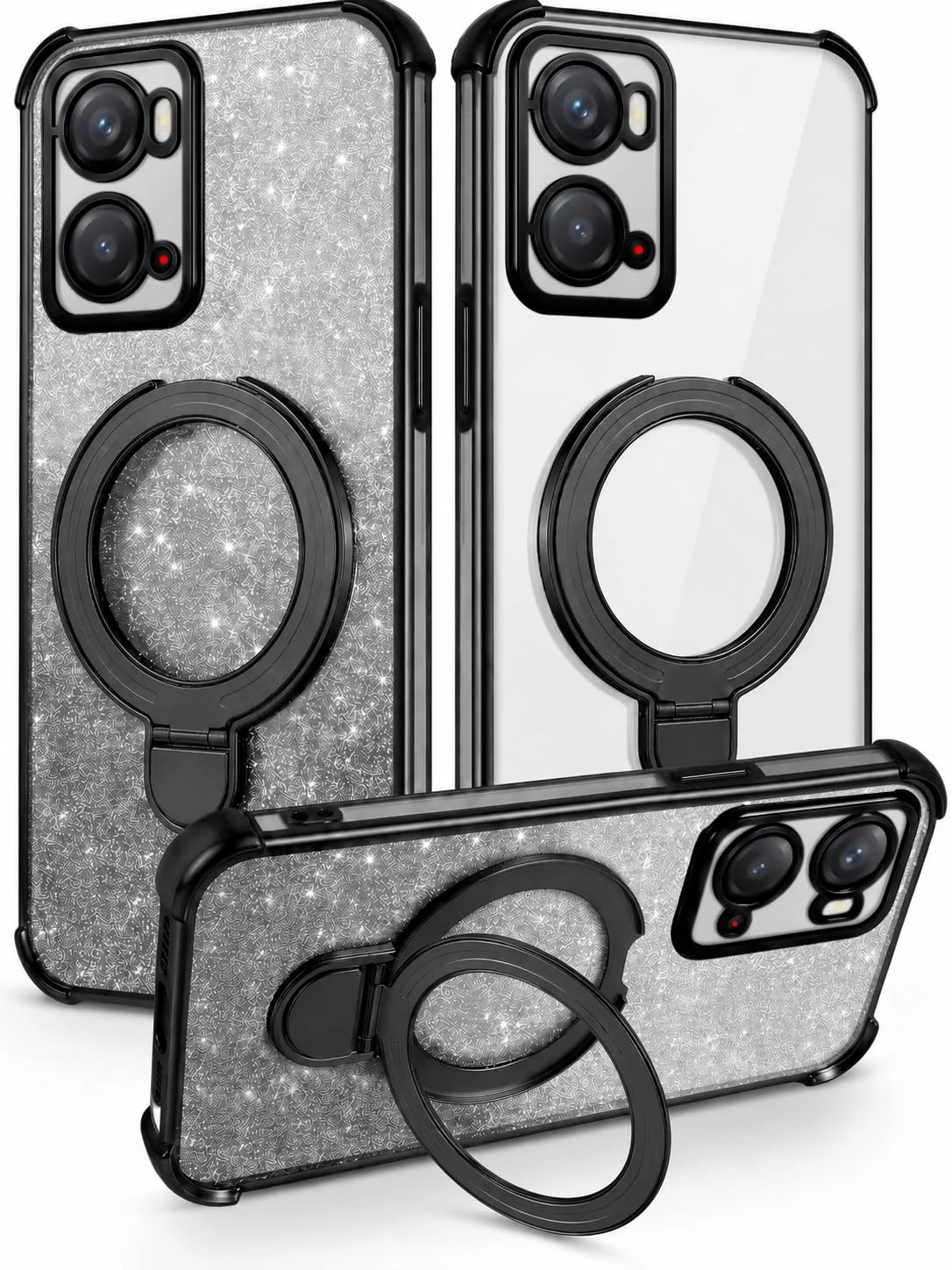 Mobigon Glitter Phone Case Compatible with OPPO A36 / A76 / A96, Magnetic Ring Stand Shockproof Cover, Clear Soft TPU Bumper with Full Camera Protection