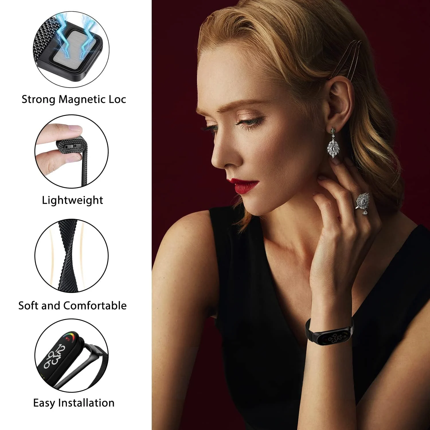 DL3 Mobilak Compatible with Xiaomi Mi Band 7 Strap for Women Men, Adjustable Stainless Steel Metal Replacement Strap Magnetic Metal Wristband, Straps Compatible with Mi Band 7 - Black