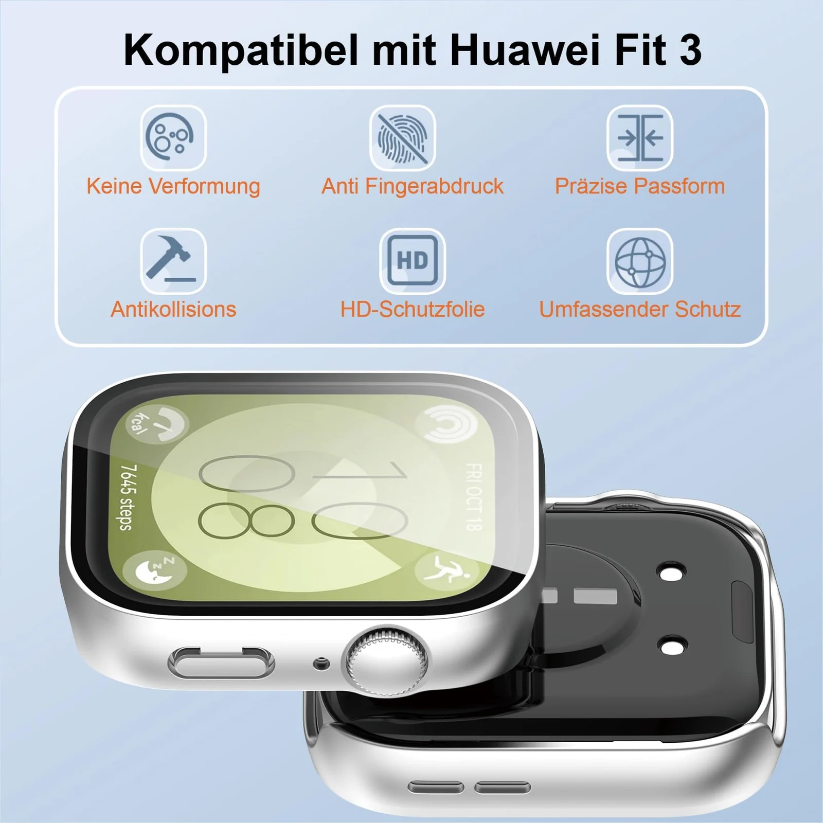 DL3 Mobilak Case Compatible with Huawei Watch Fit 3, Full Coverage Slim Hard Case Protective Bumper Built-in Tempered Glass Screen Protector Shell for Huawei Watch Fit 3 - Silver