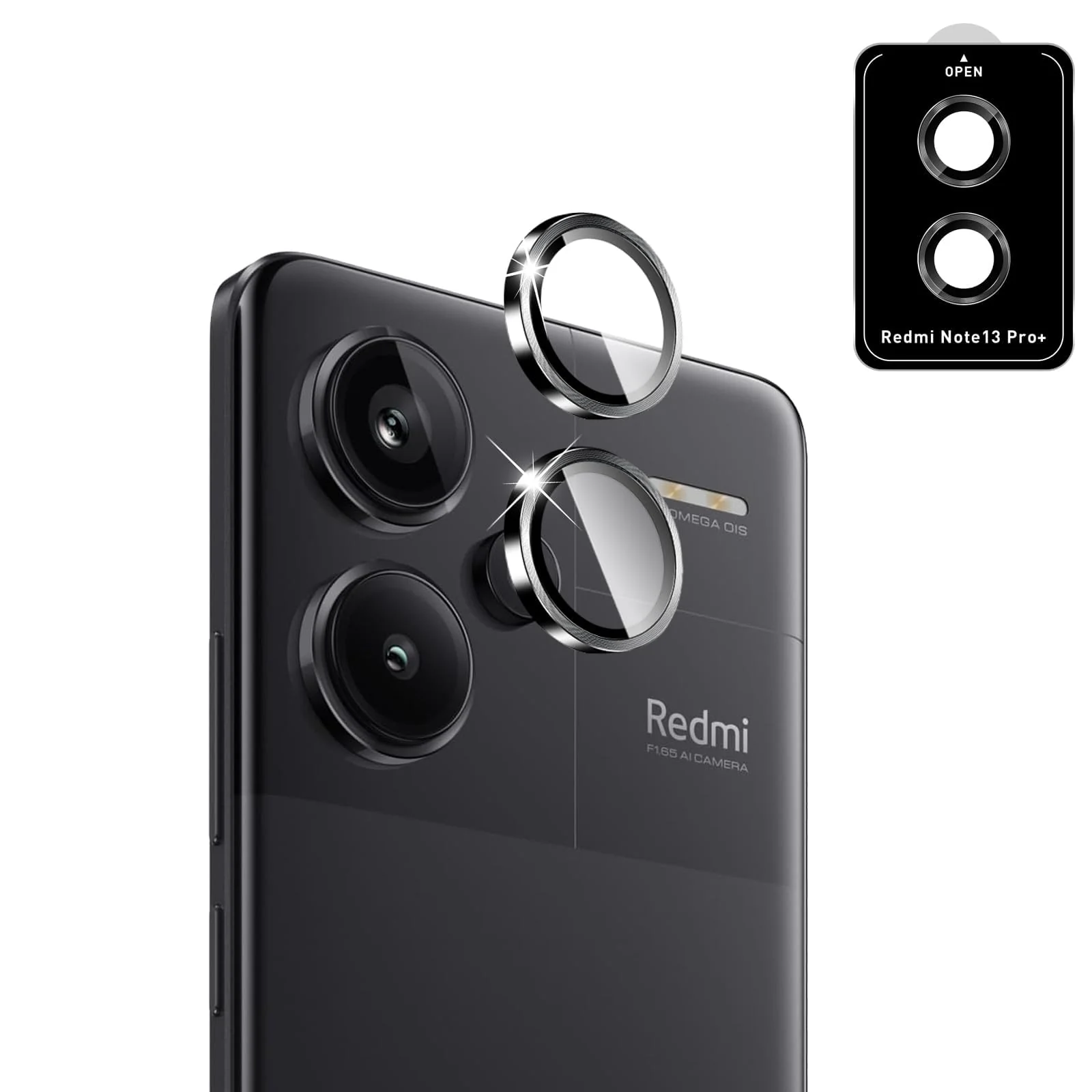 DL3 Mobilak Camera Lens Protector for Xiaomi Redmi Note 13 Pro+ Plus 5G Accessories, 9H Tempered Glass Metal Individual Ring Camera Cover Screen Protector, Case Friendly, Anti Scratch - Black