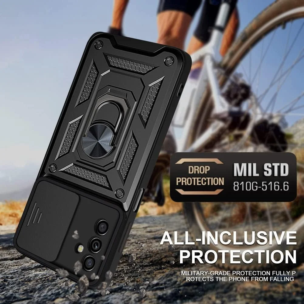 DL3 Mobilak Case for Samsung Galaxy A15 5G with Slide Camera Cover, Military Grade Shockproof Protective Cover with Rotatable Metal Ring Kickstand [Support Magnetic Car Mount] - Black