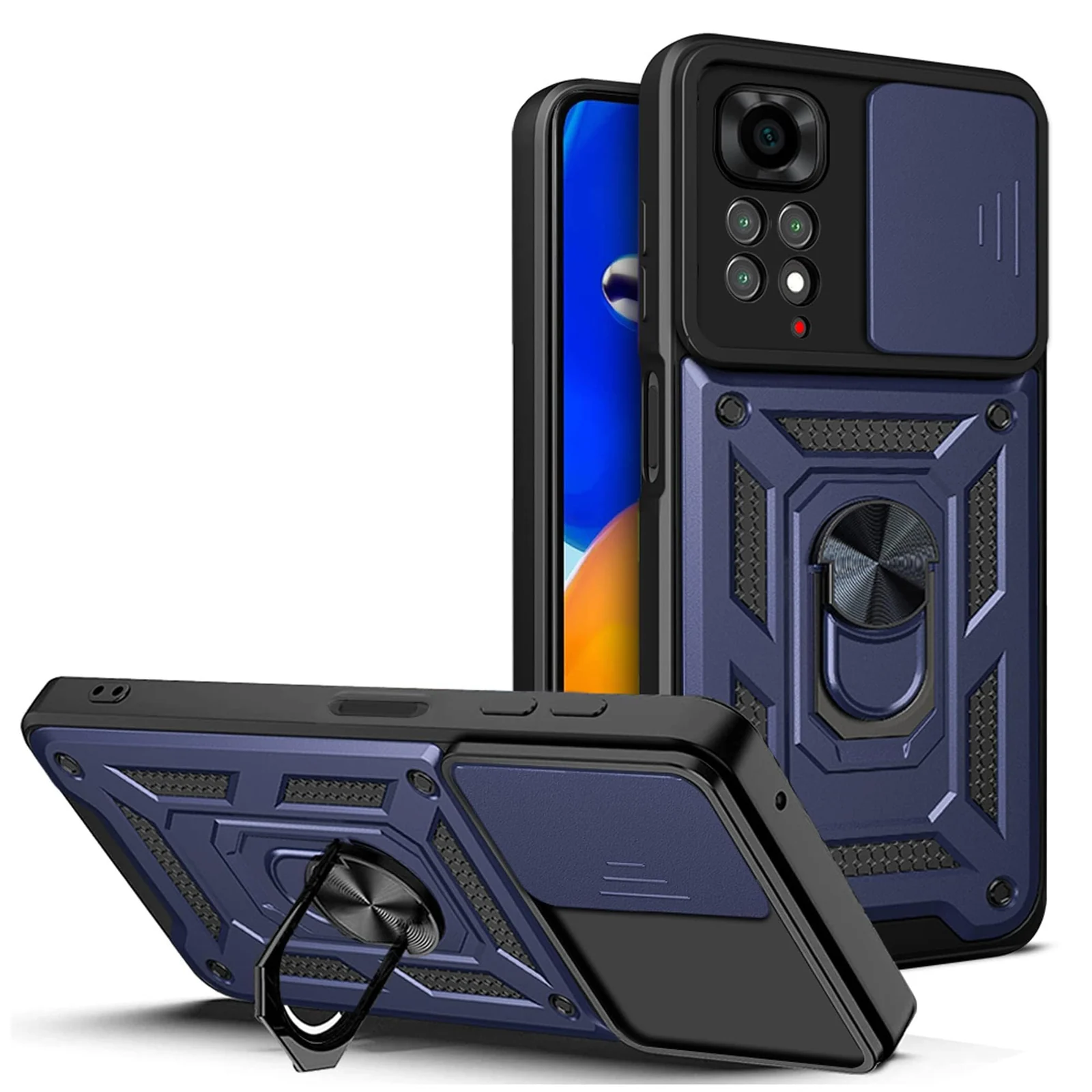 DL3 Mobilak Protective Case with Sliding Camera Cover, Metal Ring Kickstand and Magnetic Car-Mount Support for Xiaomi Redmi Note 12 Pro 4G / Redmi Note 11 Pro 4G&5G - Blue