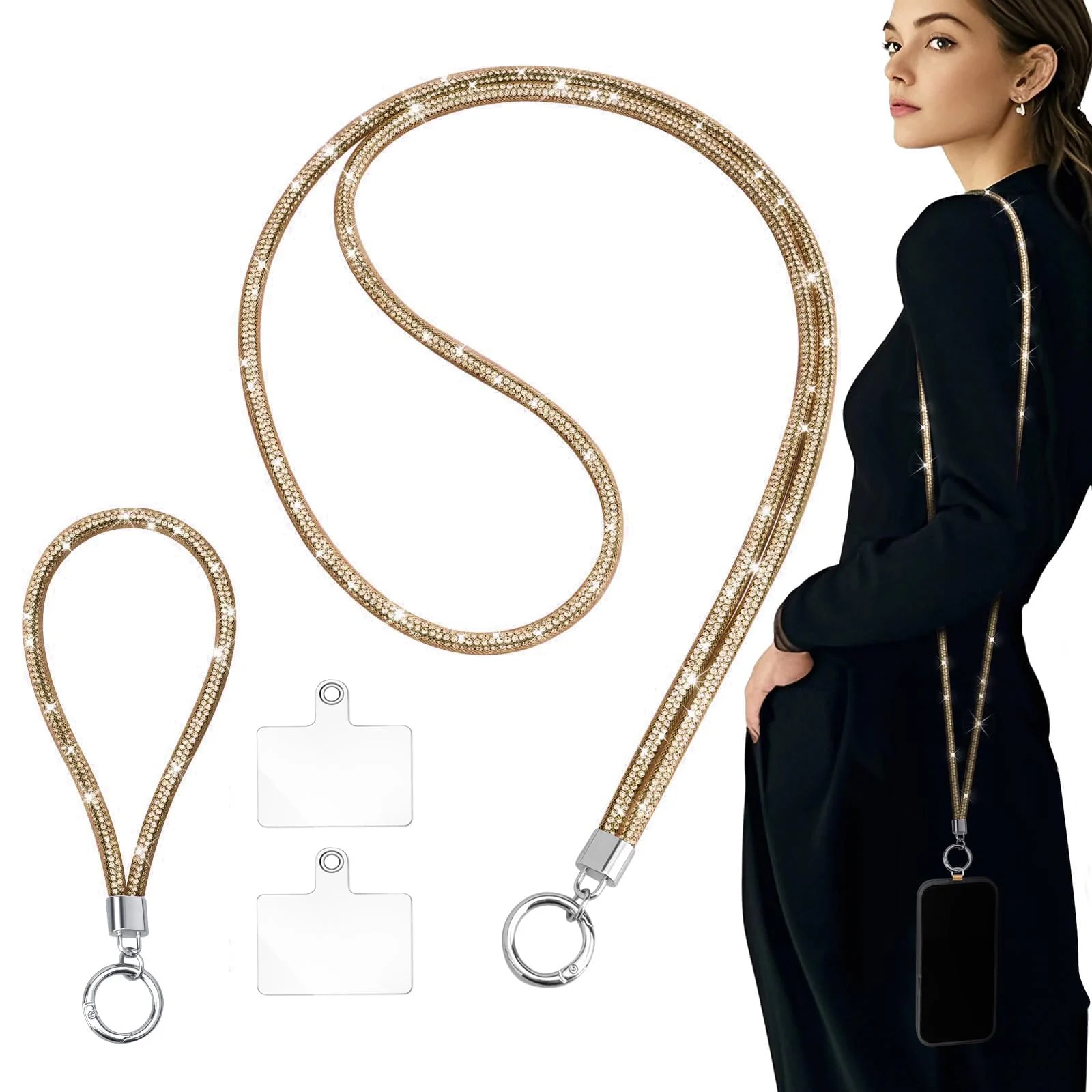 DL3 Mobilak Universal Phone Lanyard Crossbody, Rhinestone Cell Phone Chain Anti-Theft with 1× Shiny Phone Strap, 1× Wrist Strap, 2× Pads for Most Smartphones, Phone Neck Holder for Women - 2pcs Gold